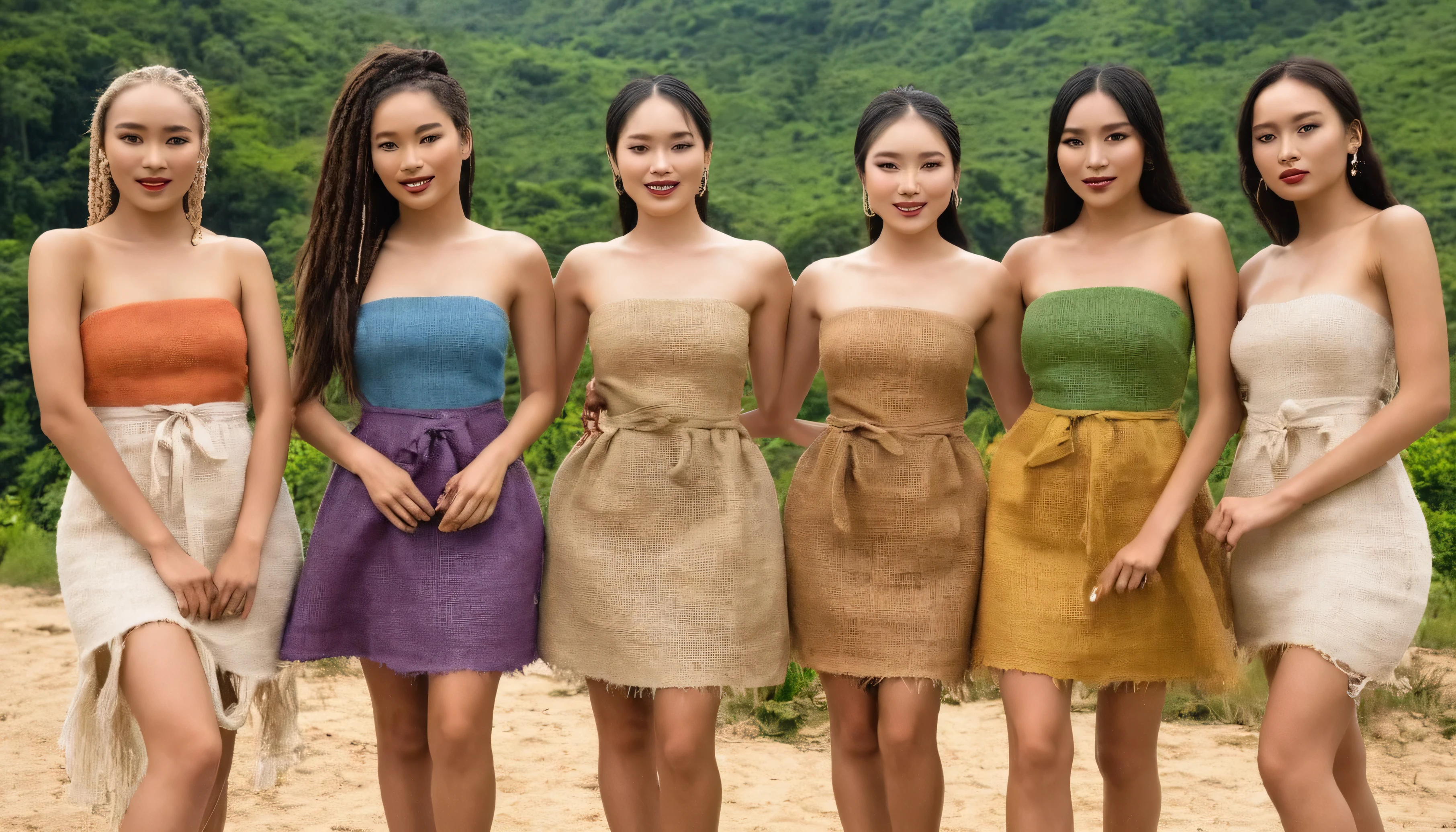 a group of topless mixed race models. Nigerian Korean. Wearing different styles of casual dresses. Dresses are made of reused hessian jute burlap. Transparent, dresses. Nipples. dyed, colourful materia,l glamorous make up, smiling, Hair braids. Slim busty women. 