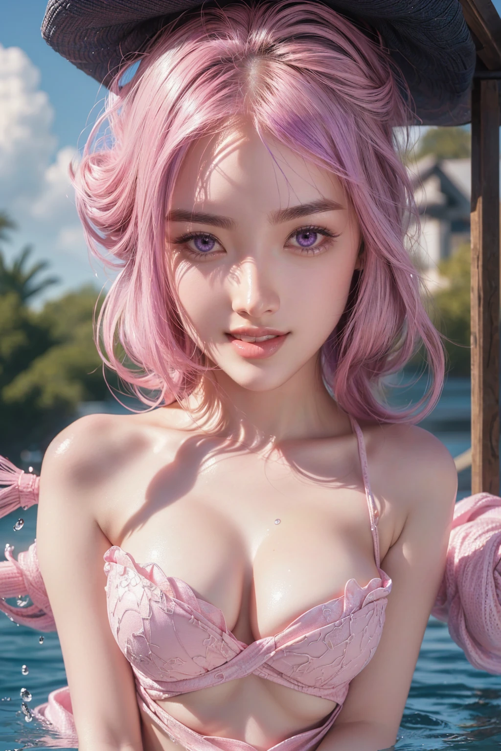 photography, 16k, hyper realistic, ultra detailed, amazingly beautiful girl, add pink hat, pink eyes, smile, big breasts, water drops in skin, extremely detailed professional photo, fashion model, 