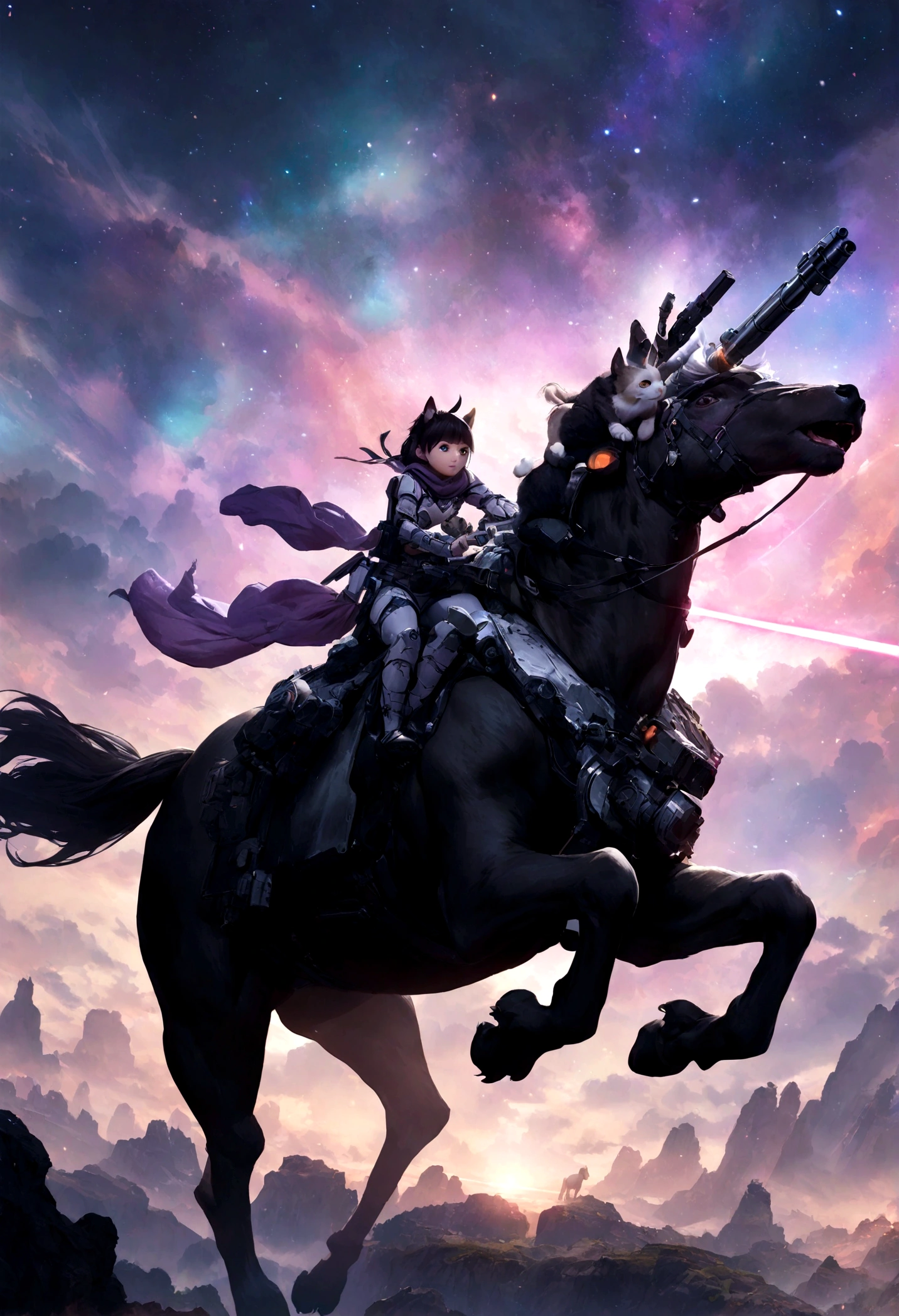 A ninja cat shoots dogs with a laser gun while riding a unicorn in intergalactic space