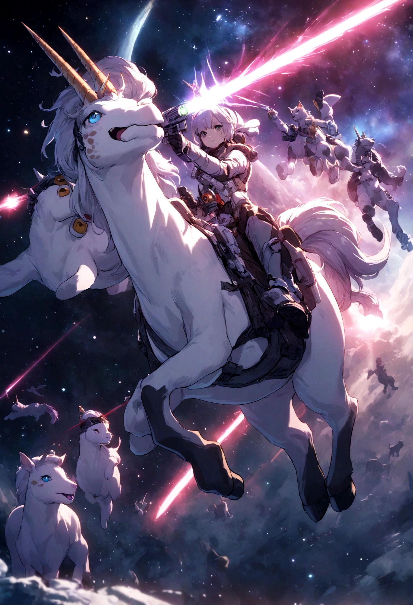 A ninja cat shoots dogs with a laser gun while riding a unicorn in intergalactic space