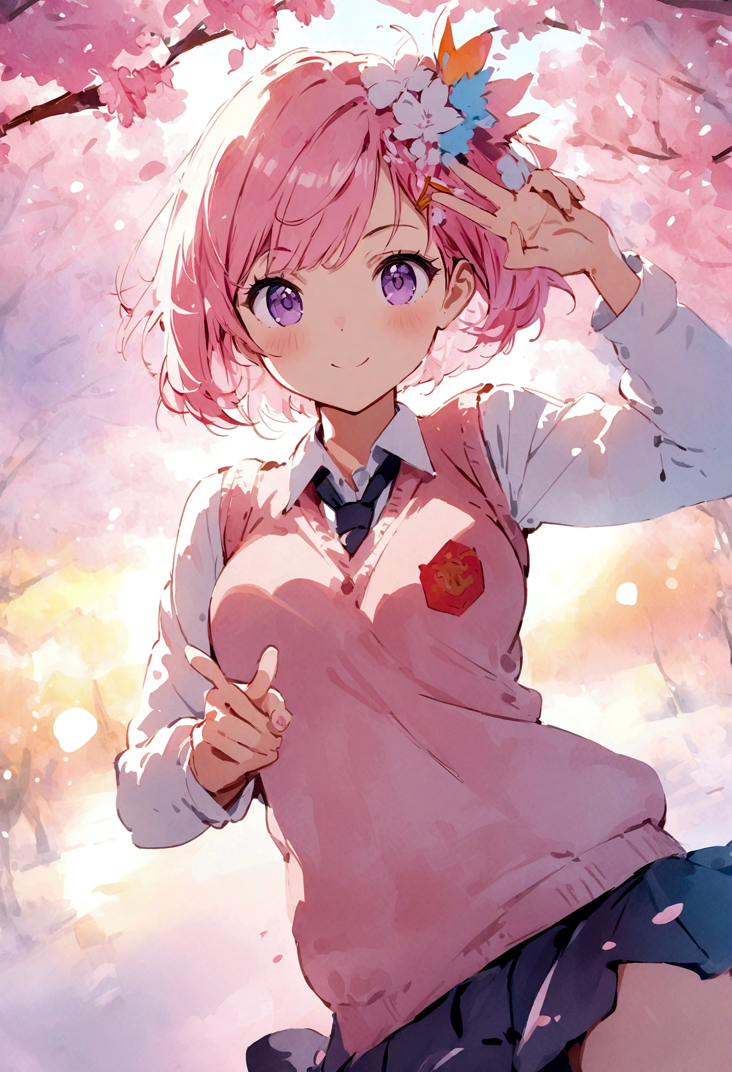 (masterpiece), cartoon, best quality, Watercolor style, Brushstrokes, rich and colorful,Vibrant colors,1 Girl, Pink Hair, Purple Eyes, short hair, Hair accessories, Sweater vest, Uniforms, Make a victory gesture, Cherry blossoms