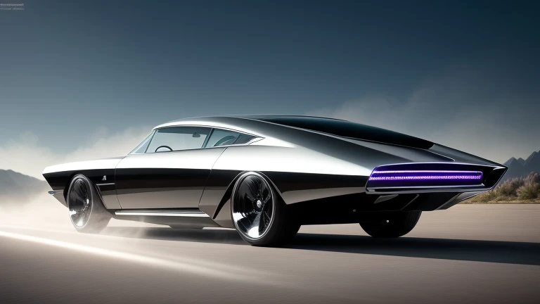 1960s luxury sedan, rear view, futuristic fantasy, epic sci-fi scene, intricate detailed design, glossy metallic body, glistening chrome accents, dramatic lighting, moody atmosphere, cinematic composition, photorealistic rendering, masterpiece, (best quality,8k,highres,masterpiece:1.2),ultra-detailed,(realistic,photorealistic,photo-realistic:1.37),cinematic lighting,dramatic shadows,volumetric fog,glowing energy field,gleaming chrome,aerodynamic body,intricate details,sleek and stylish