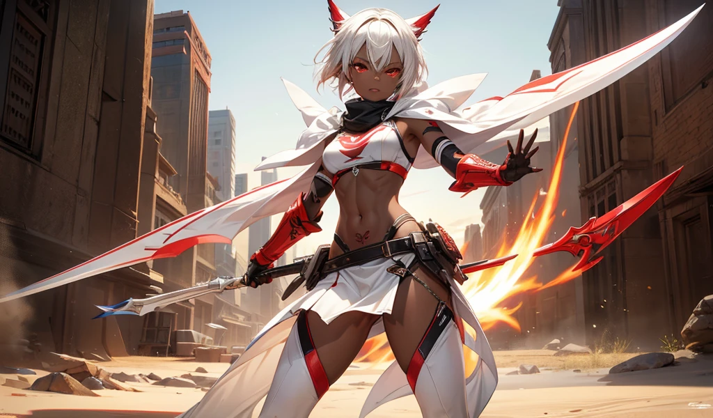 Girl with short white hair, black skin and tattoos，Extremely slim body，Transparent hood，Red and white sports bra，thong，transparent long skirt，，Scimitar，desert