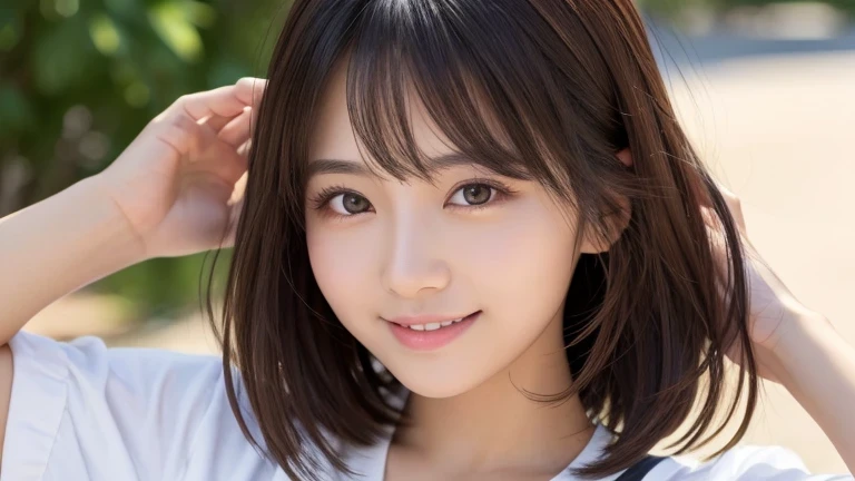 Produce the highest quality and highest resolution 8K images。The model is a 20-year-old Japanese woman.。Draw the whole body of a woman。Please draw an image of a smiling person taking a commemorative photo at a tourist spot.。Please draw the whole body of the model。She has brown eyes and a model figure.、She has an idol-level cute face.。Her hair is bob。Skin has a healthy color。Clothes、I&#39;m wearing early summer clothes。