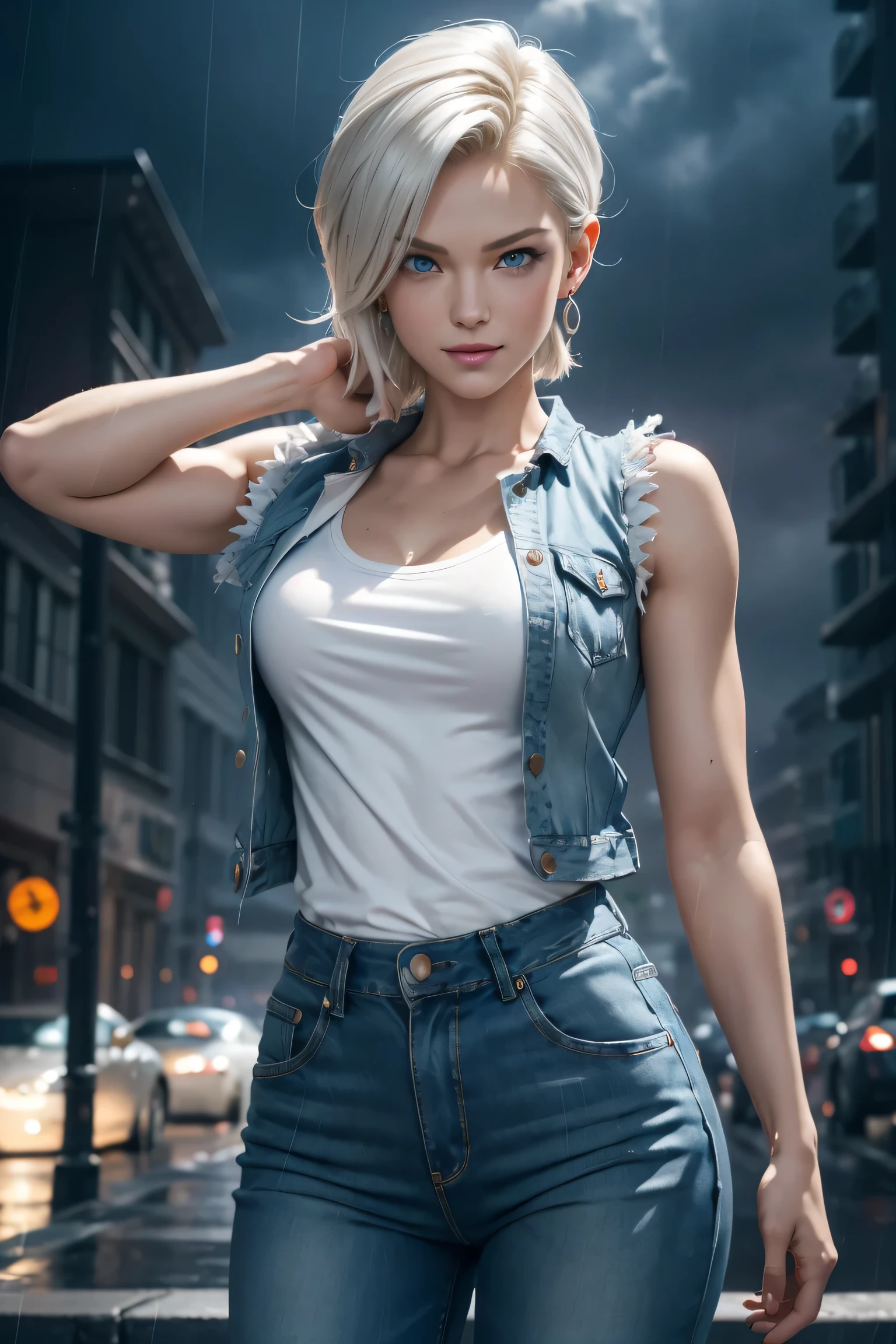 The best one,Dragon Ball Z,Number 18,Beautiful white blonde short cuts,One Length,Beautiful blue eyes,Silver Ring Earrings,Blue denim,pants,Blue sleeveless jean jacket,White T-shirt,Photorealistic,Ultra HD,high quality,masterpiece,Digital SLR,Detailed details,Intricate details,Anatomical basis,Depicted in detail,A detailed face,Realistic skin texture,Vivid details,Perfect Anatomy,Perfect Anatomy,Anatomically correct hand,Anatomically correct fingers,Super Detail,Complex 3D rendering,Sexy pose,Beautiful morning glory(flower),Rainy Sky,Beautiful scenery,Fantastic rainy sky,Picturesque,Pink Lips,smile,Fantastic butterflies々,Fighting Pose,