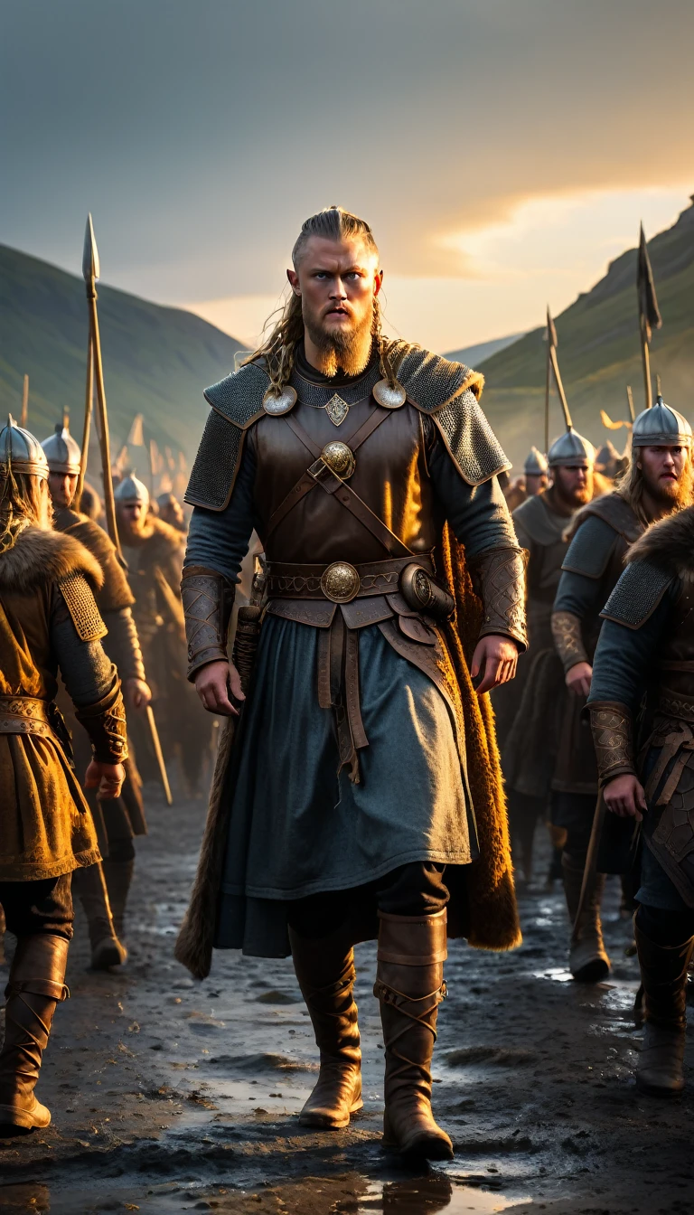 As the sun began to set, The warm golden hues of the sun illuminated his ornate attire, casting a warm glow across the area, Ground-level shot, king ragnar lothbrok Leading a huge viking army, background dark, hyper realistic, ultra detailed hyper realistic, photorealistic, Studio Lighting, reflections, dynamic pose, Cinematic, Color Grading, Photography, Shot on 50mm lens, Ultra-Wide Angle, Depth of Field, hyper-detailed, beautifully color, 8k, golden light from the front,