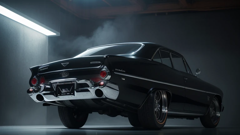 1960s luxury sedan, rear view, futuristic fantasy, epic sci-fi scene, intricate detailed design, glossy metallic body, glistening chrome accents, dramatic lighting, moody atmosphere, cinematic composition, photorealistic rendering, masterpiece, (best quality,8k,highres,masterpiece:1.2),ultra-detailed,(realistic,photorealistic,photo-realistic:1.37),cinematic lighting,dramatic shadows,volumetric fog,glowing energy field,gleaming chrome,aerodynamic body,intricate details,sleek and stylish