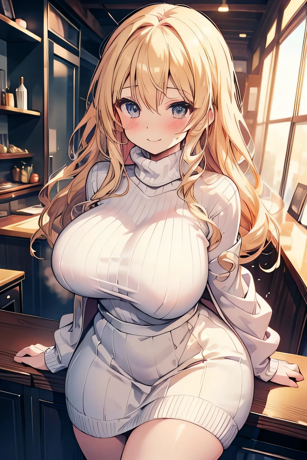 Erotic Anime Illustration、highest quality、smile、A voluptuous married woman showing off her sexual appeal、A sense of guilt、Adultery、Coffee shop、oversized white turtleneck sweater、Beige flared skirt、Girls und Panzer、Nishizumi Maho、Perfect proportions、Very large breasts、Exposing、Clear eyes、Blushing、Sweaty、Cowboy Shot