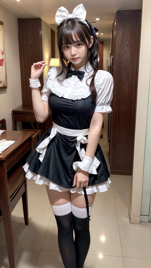 masterpiece, best quality, illustration, Super detailed, fine details, High resolution, 8K,wall paper, perfect dynamic composition,(Details High quality, realistic depiction of eyes:1.3), short hair, (wavy hair:1.2), SFW, huge breasts, hotel room, (bow ribbon, Maid, knee high socks:1.3), Aside Cutter Shirt, frill skirt, Large breasts, Don't expose it, ponytail,  black hair color, Big Natural Color Lip, perfect body shape, bold sexy pose, crying a little、Harajuku style、20 year old girl、cute type、ta、beautiful legs, full body photo、focus on crotch, hposing Gravure Idol