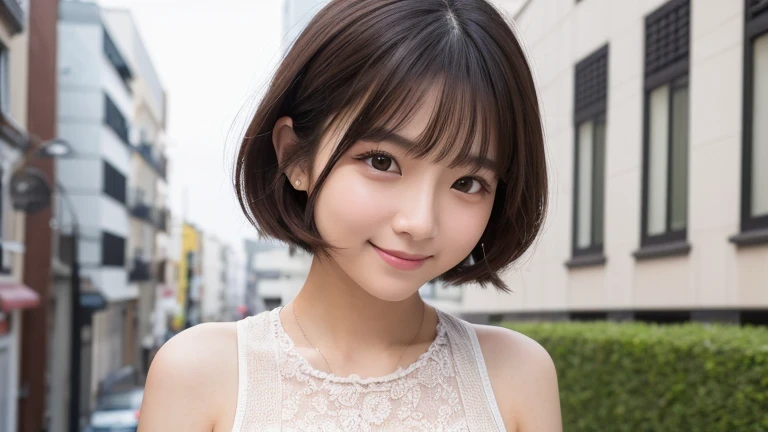 Produce the highest quality and highest resolution 8K images。The model is a 20-year-old Japanese woman.。Draw the whole body of a woman。Please draw an image of a smiling person taking a commemorative photo at a tourist spot.。Please draw the whole body of the model。She has brown eyes and a model figure.、She has an idol-level cute face.。Her hair is bob。Skin has a healthy color。Clothes、I'm wearing early summer clothes。