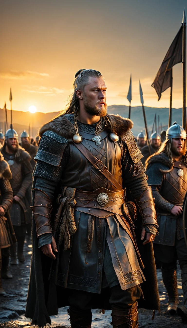As the sun began to set, The warm golden hues of the sun illuminated his ornate attire, casting a warm glow across the area, Ground-level shot, king ragnar lothbrok Leading a huge viking army, background dark, hyper realistic, ultra detailed hyper realistic, photorealistic, Studio Lighting, reflections, dynamic pose, Cinematic, Color Grading, Photography, Shot on 50mm lens, Ultra-Wide Angle, Depth of Field, hyper-detailed, beautifully color, 8k, golden light from the front,