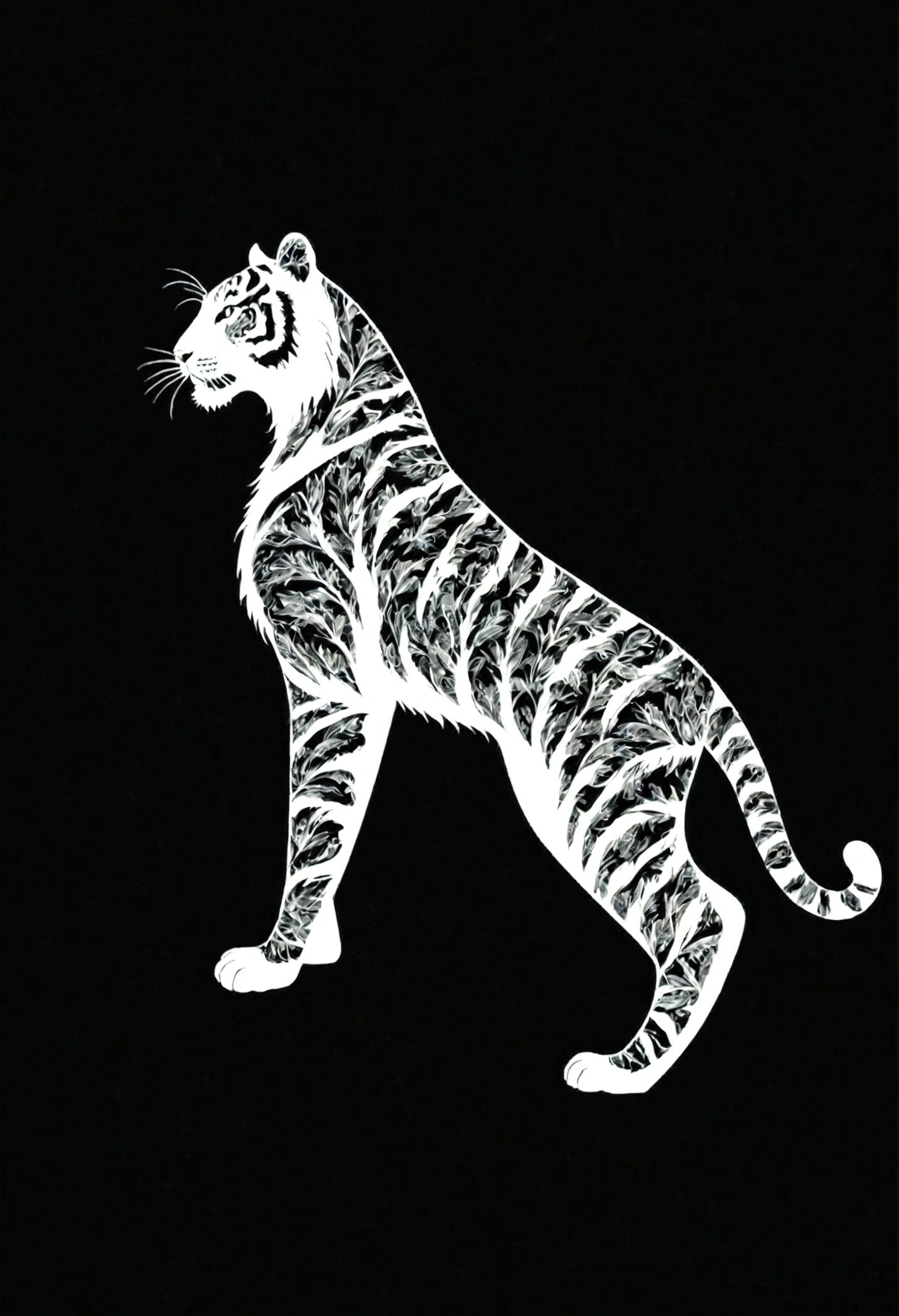 A white silhouette design of a moving tiger,Black Background,Beautiful silhouette,looking at the camera,Biologically correct