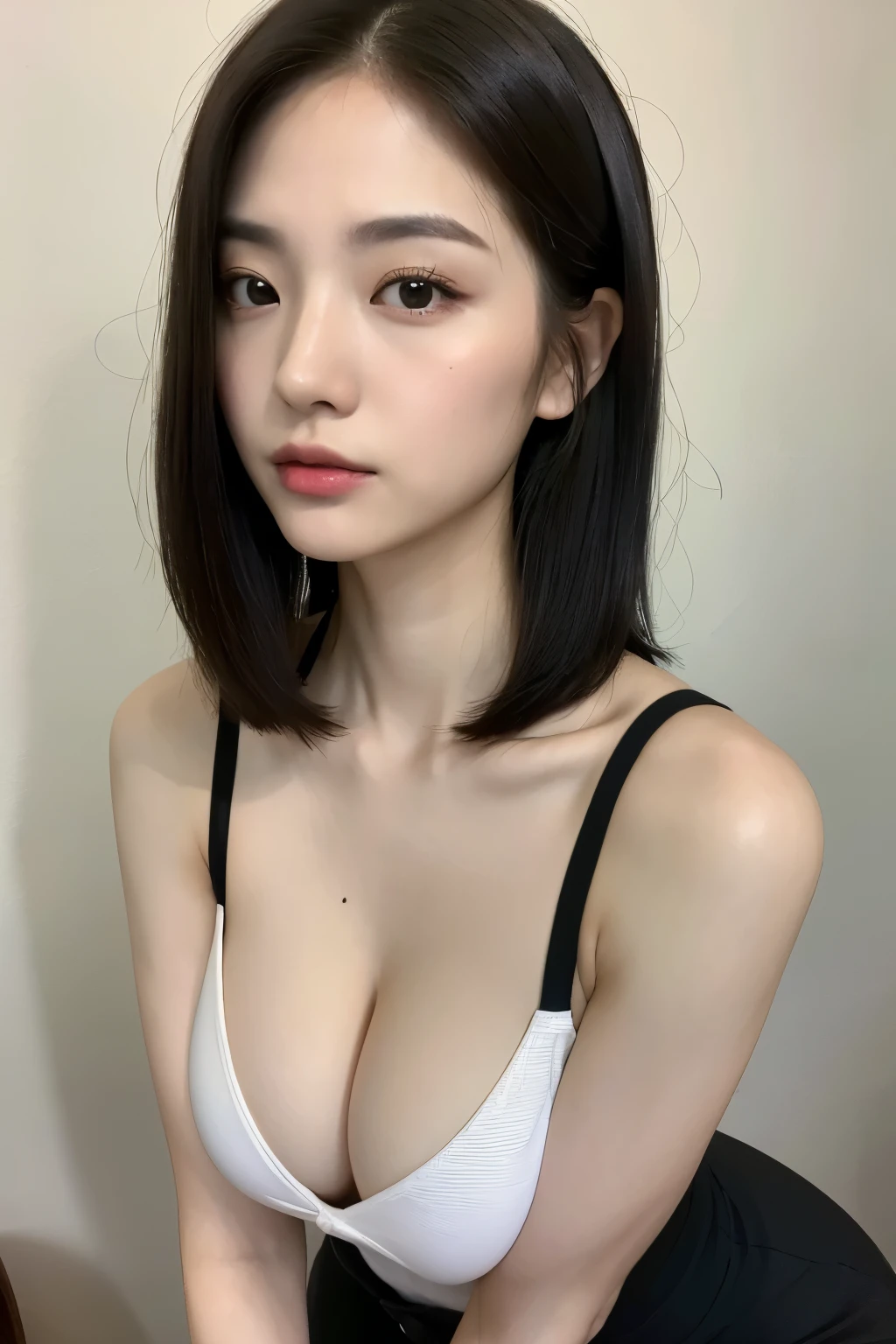 (Taiwan girl, High-definition, Masterpiece :1.4), 1 subject, Taiwanese girl with emphasis on B-cup cleavage: 1.3, (shoulder-length hair, slightly hunched over: 1.2), V-neck top: 1.2, ultra-detailed face, detailed eyes, sharp focus, front-facing photo
(Realistic, high resolution: 1.3), Taiwanese girl with ample cleavage, pointed nipples visible, (B-cup size: 1.1), close-up photo, true-to-life portrayal, professional lighting, subtle shadows, (slender physique: