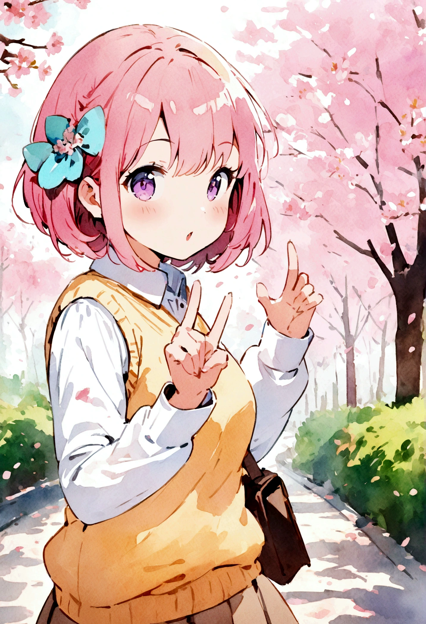 (masterpiece), cartoon, best quality, Watercolor style, Brushstrokes, rich and colorful,Vibrant colors,1 Girl, Pink Hair, Purple Eyes, short hair, Hair accessories, Sweater vest, Uniforms, V gesture, Cherry blossoms