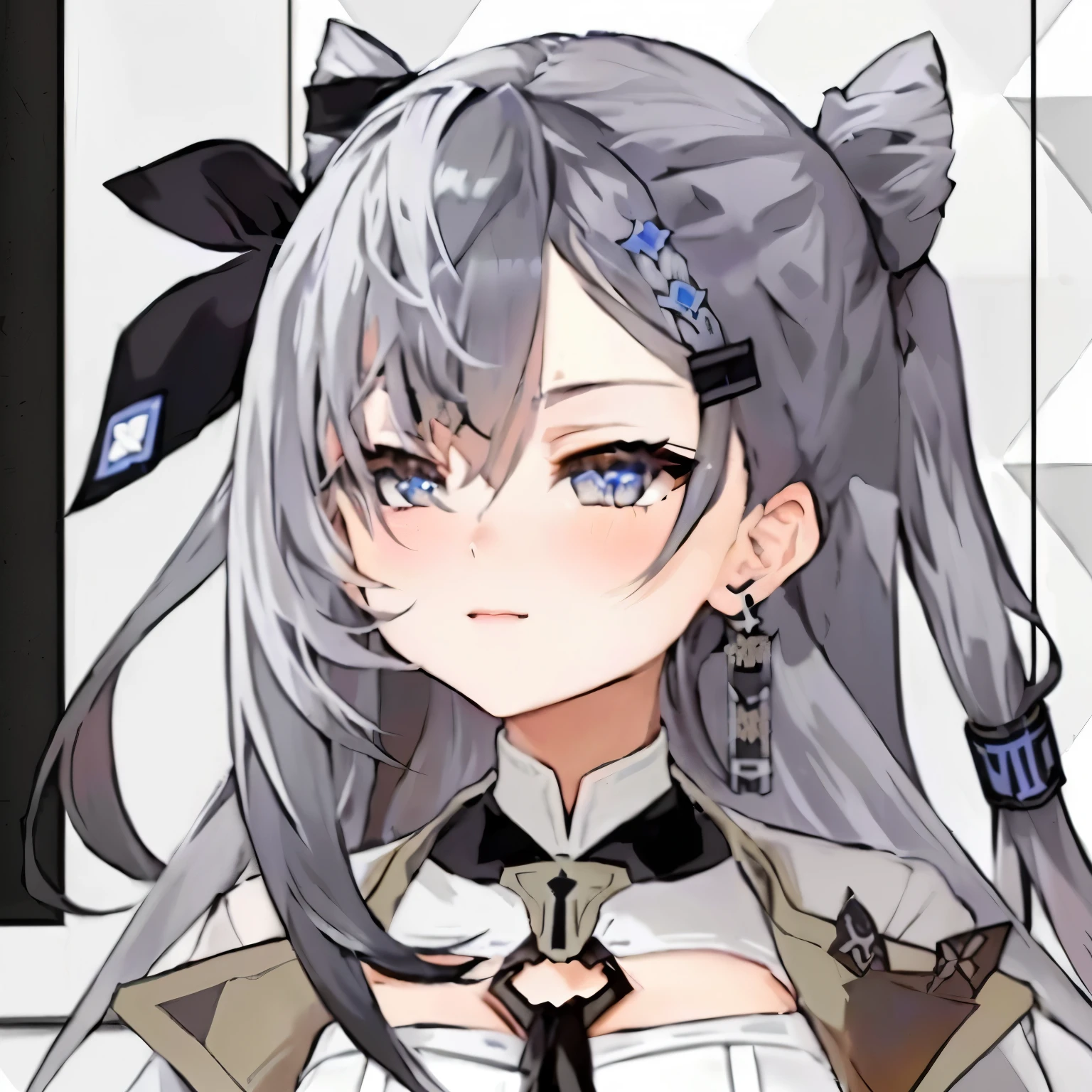 anime girl with long gray hair and a black tie, from arknights, from girls frontline, girls frontline style, gray haired, kantai collection style, silver hair (ponytail), fine details. girls frontline, from the azur lane videogame, azur lane style, arknights, girls frontline universe, hestia, ayaka genshin impact, silver haired