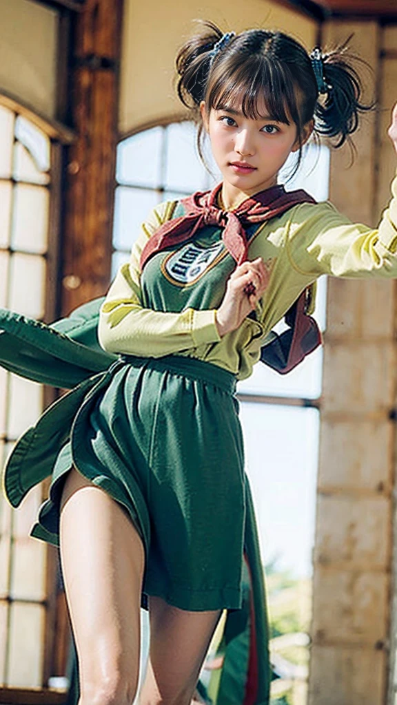 (masterpiece, highest quality:1.1), Warrior (dq3), One girl, alone, Long Hair, Twin tails, View Viewer, Black Hair, hair ornaments, Long sleeve, Small breasts,Beautiful cherry-colored areola、Erect nipples、Narrow waist、Shaved、 Mouth closed, Cowboy Shot, Iris, Raise your arms, Short-hemmed Chinese clothing, No underwear、No underwear、Hair ties, Clenched hands, Combat Stance, Yin and Yang simple background 、High Kick、She spreads her legs wide and does a high kick、Her clothes are turned up and her underwear is exposed、Chinese boxing、Raise one leg high and kick、