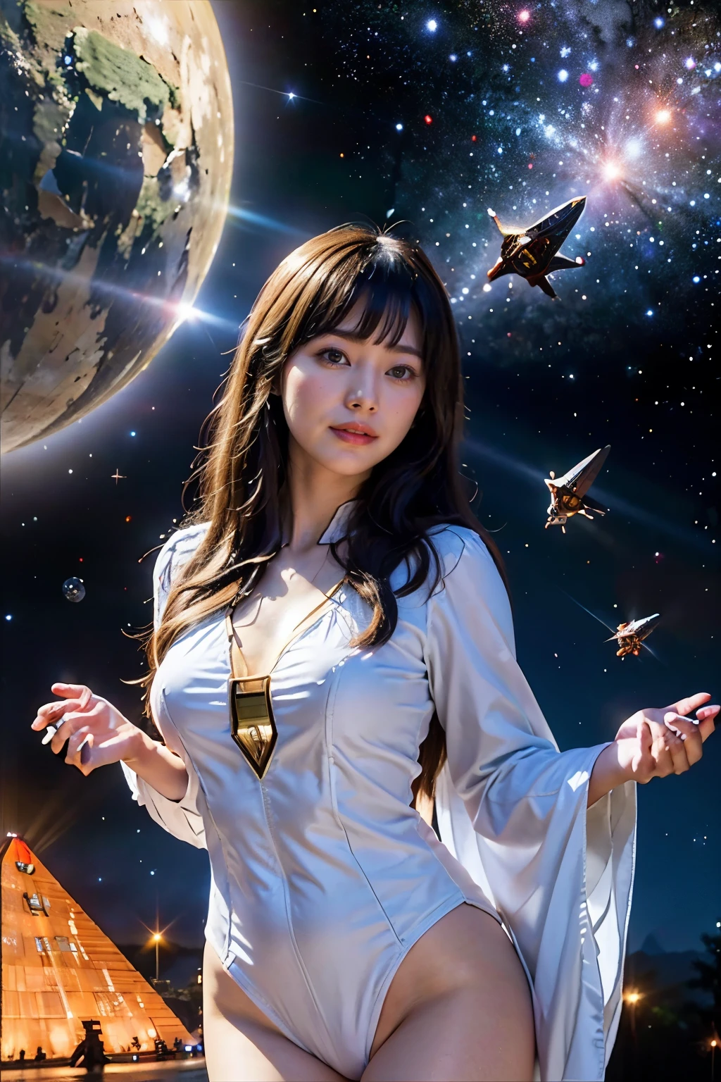 (RAW photo, highest quality), (realistic, Photoreal:1.3), 1 girl、realisticbody、old shrine maiden costume、Pyramid-shaped UFO flying from space、laser light、looking up