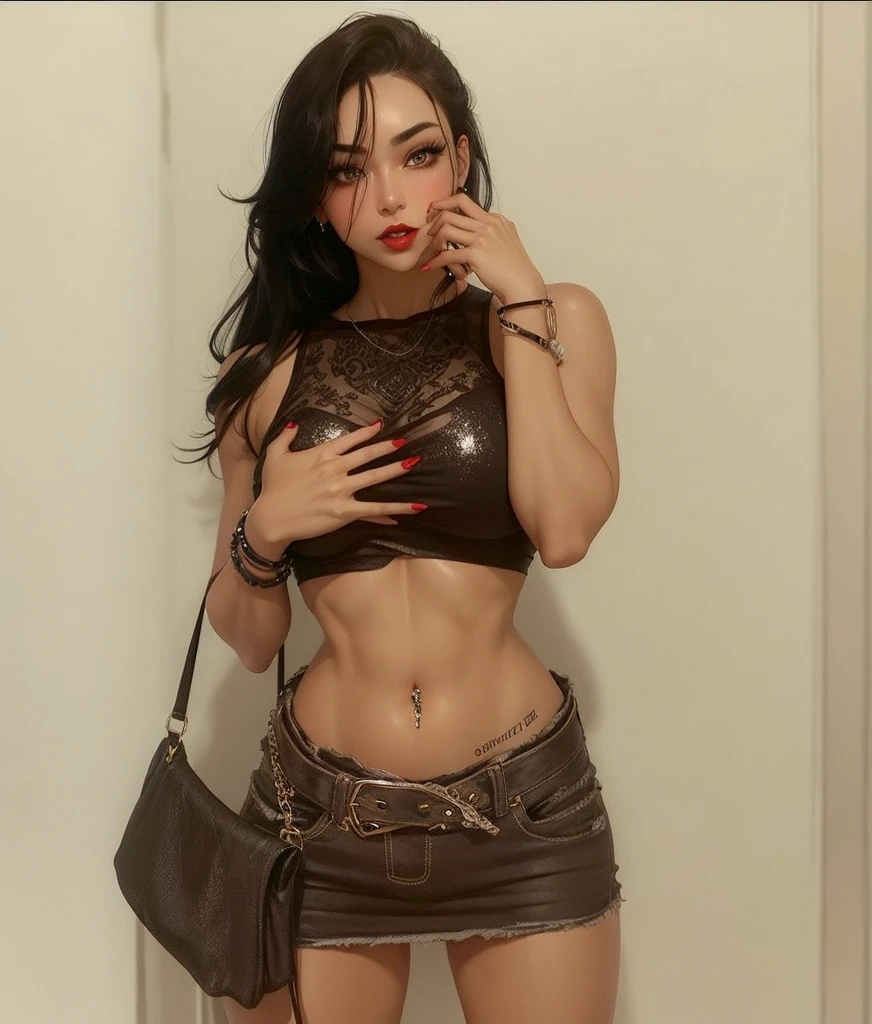 Beautiful girl, sexy slim fit body, gorgeous  eyes , blushed cheeks red lipstick, black hair ,  crop top , big breasts , belly piercing , waist ring