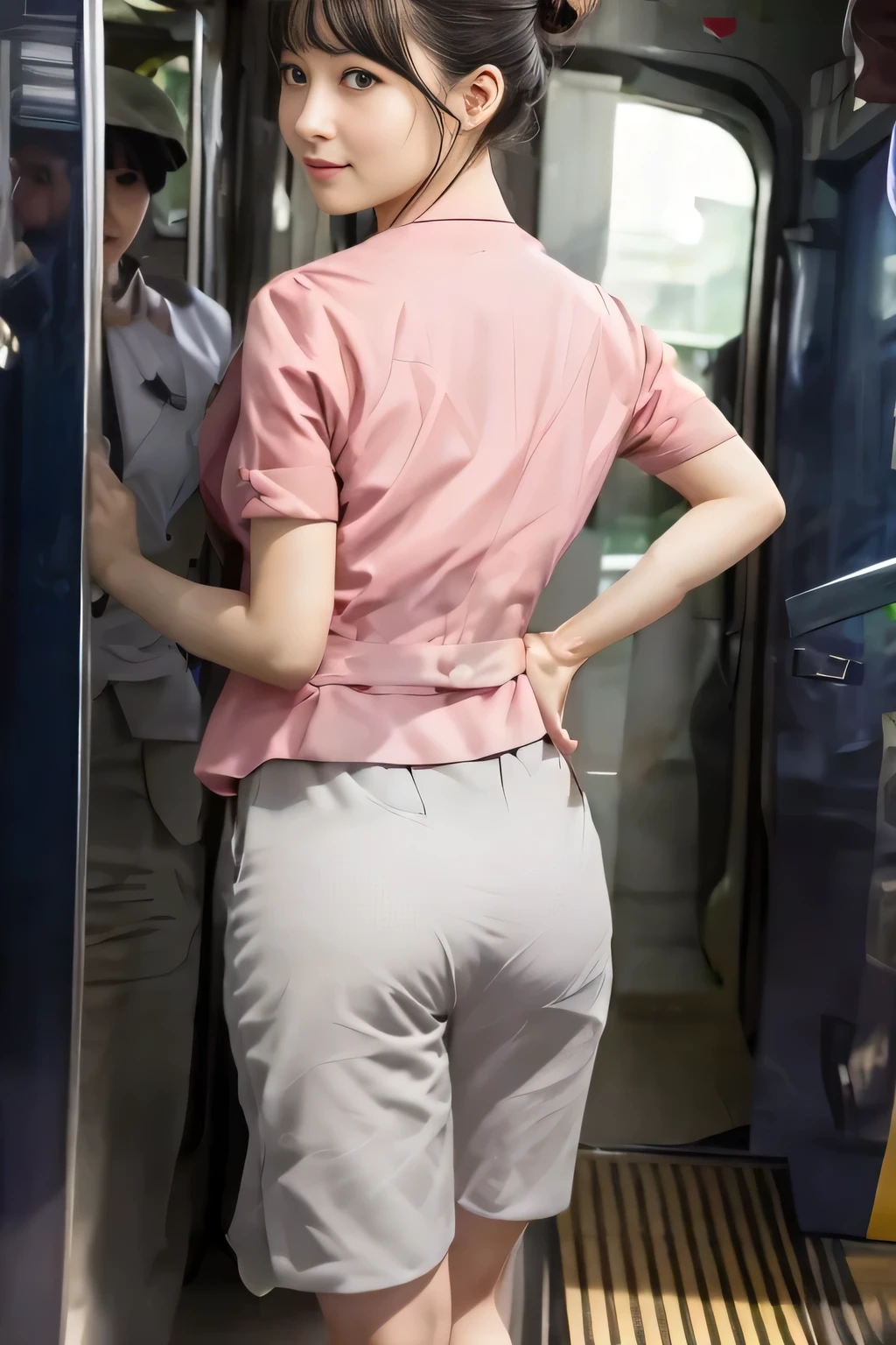 (masterpiece:1.2, highest quality:1.2), 32K HDR, High resolution, (alone、1 girl)、（On the rooftop of a building in the daytime、Professional Lighting）、Building rooftop background、（Nankai train crew uniform pinkを着たリアルスタイル）、（Nankai train crew uniform pink short sleeve collarless pink jacket、Nankai Train Crew Uniform Pink Collarless Short Sleeve Blouse、Nankai Train Crew Uniform Pink Grey Knee-length Culottes）、（（The bottom of the pink short-sleeved jacket cannot be tucked into the clay-colored culottes.））、Dark brown hair、（Hair tied up、Hair Bun、Hair Bun）、Dark brown hair、Long Shot、Big Breasts、Thin legs、（（Great hands：2.0）），（（Harmonious body proportions：1.5）），（（Normal limbs：2.0）），（（Normal finger：2.0）），（（Delicate eyes：2.0）），（（Normal eyes：2.0））)、smile、（Nankai Train Crew Uniform Pink Grey Knee-length Culottesを見せた美しい立ち姿）、Look Back