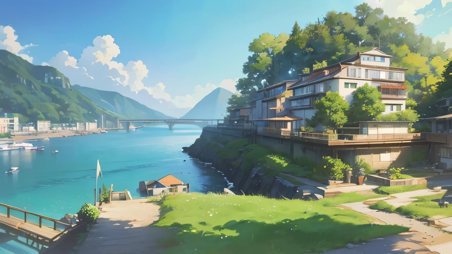 Highly detailed painting of a ultra modern harbour and lush vegetation, ultra modern houses in the background, Anime background art, Anime landscape, Highly detailed illustration, anime style cityscape, Makoto Shinkai's style, anime backgrounds, Anime landscapes, in the style of makoto shinkai, drawn in anime painter studio, beautiful anime scenery, Anime landscape concept art, Digital painting