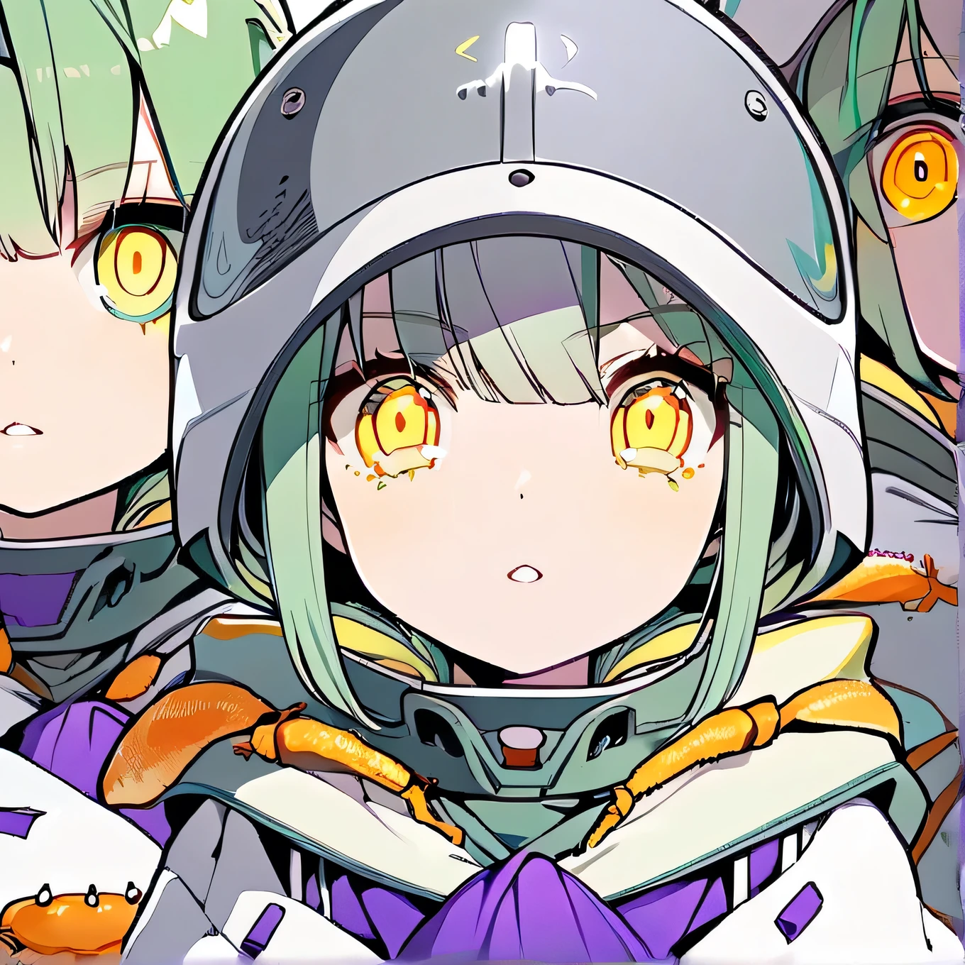 People Girls, (alone:1.5), Food, (Food up:1.5),(((Grey military helmet))), (Light green hair:1.5), (Yellow Eyes:1.5), Light gray skin, View Viewer, White Coat Crab Show,Bobbed hair,(Align your bangs),Purple Uniform,