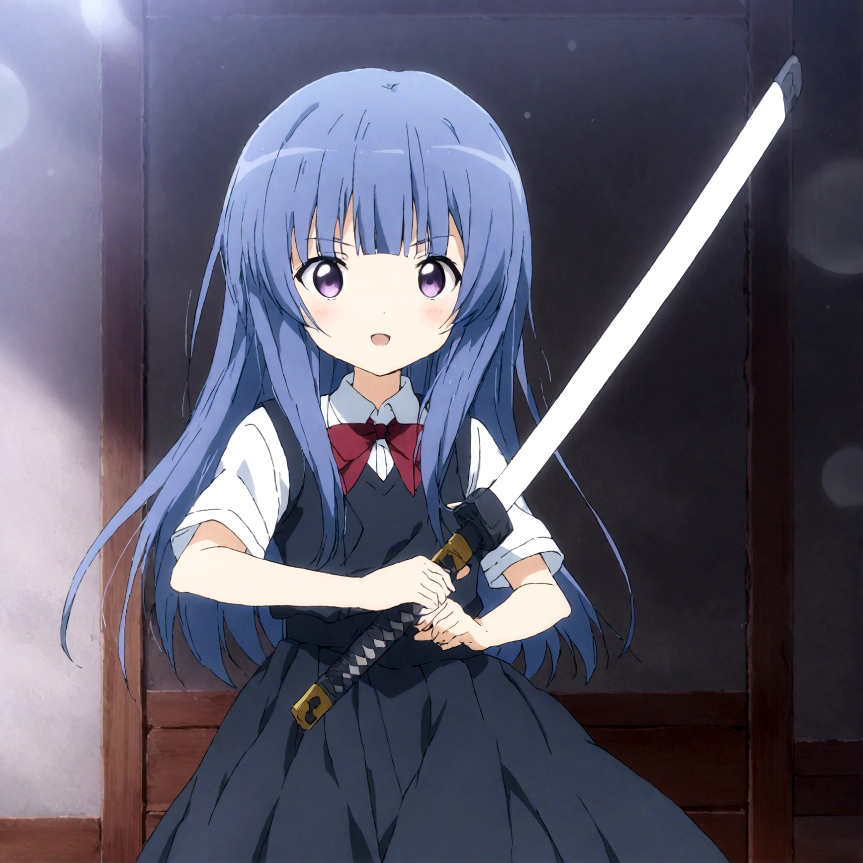 score_9,score_8, score_8_up, BREAK  ,1girl, solo, furude rika, (tween), kawaii, blue hair, purple eyes, long hair, blunt bangs, bangs,, bow, skirt, shirt, suspenders, smile, short sleeves, pleated skirt, white shirt, open mouth, :d, red bow, ,^_^, suspender skirt, , black skirt, collared shirt, blush, bowtie, blunt bangs, dress shirt,masterpiece, best quality, source_anime,ceiling, ceiling light, great lighting, detailed shadows, detailed body, anime artwork,anime style, key visual, vibrant, studio anime, highly detailed, anime coloring,,upperbody, in distance, wide shot, from side,straight-on,iaidow,weapon, katana, holding sword, ready to draw, sheathed, unsheathing, scabbard,, ,simple background, white background.Subsurface scattering,(darkness aura)