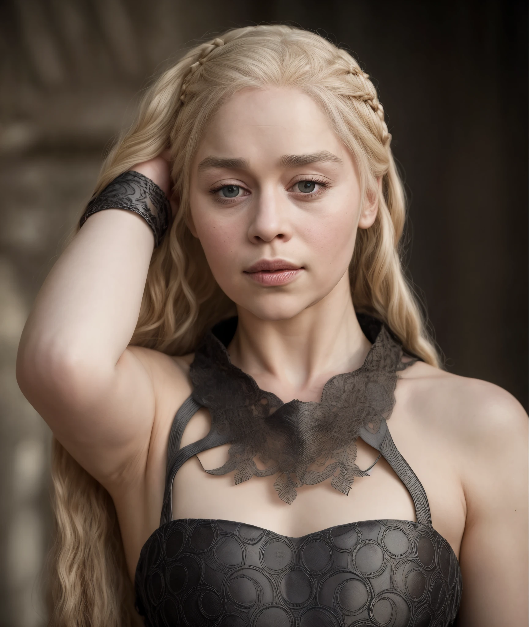masterpiece, stunning portrait photo of khls woman, sleeveless, erotic costumes, sensual satin dress, game of thrones inspired costumes,