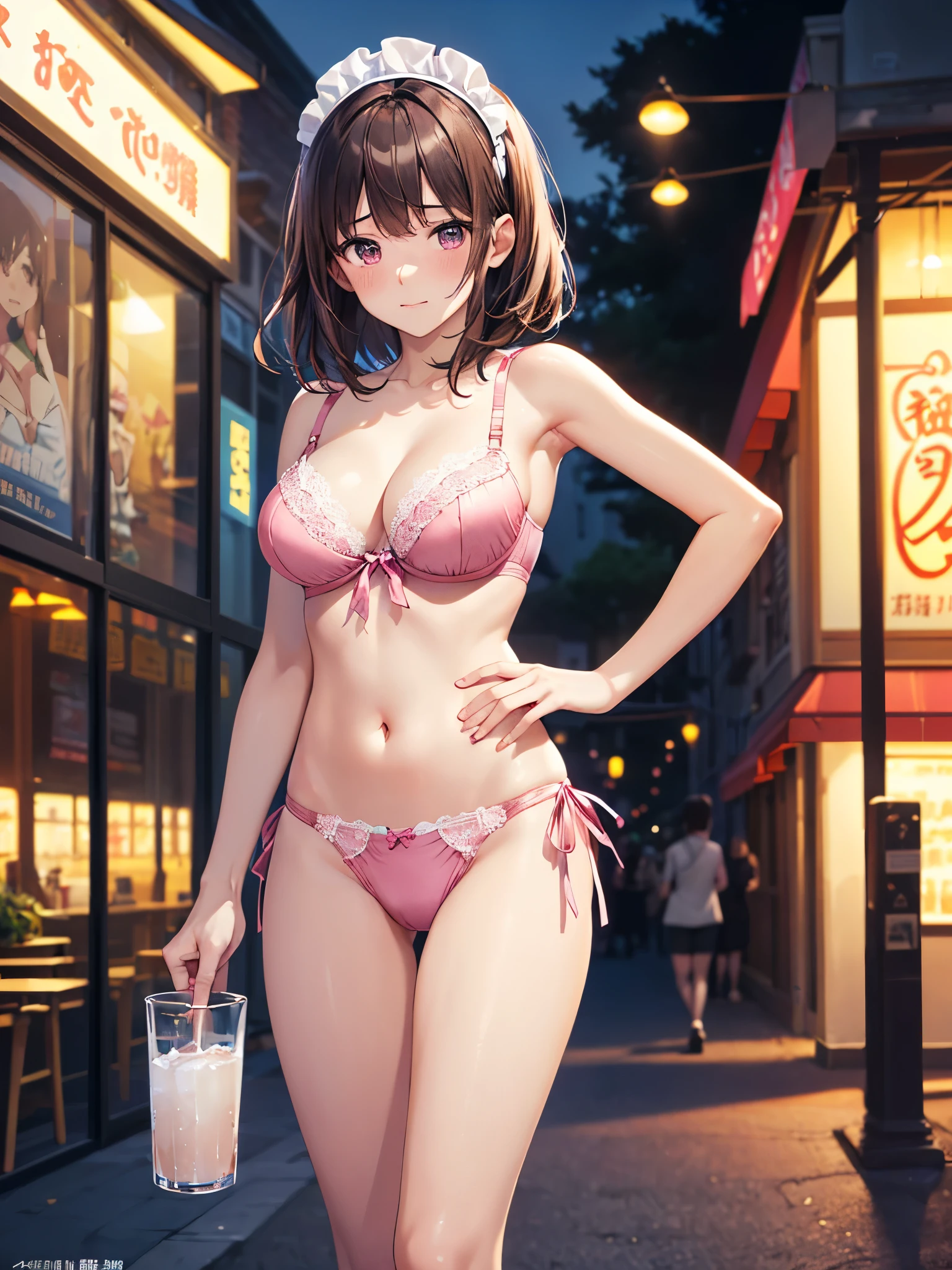 (((masterpiece, highest quality, High resolution, 超High resolution, Perfect Pixel, Depth of written boundary, 4K, RTTX 10.0))), Beautiful Anime Woman, Beautiful art style, Anime characters, ((Smooth texture, Realistic texture, Anime CG Style)), Exact finger count、Exact number of legs、(Exact number of arms:1.0, Exact number of hands:1.0), (Perfect hands, Perfect Anatomy), Cinematic, Realistic, Extremely detailed CG, Daytime lighting, Perfect lighting, Best Shadow, The best natural light, whole body, Perfect body, (Slender body:1.2), ((Long Hair, bangs, Dark brown hair, Stylish hairstyle, Bobcut)), ((一人のcute女性は飲み物を手に持って歩いて運んでいる:1.6)), ((alone:1.0)), beauty, cute, ((セクシーでcuteダークピンク下着:1.3), (Stylish shiny dark pink satin panties, Side-tie panties:1.3), (Thin panties:1.3), (Dark pink micro lace satin bra, Thin bra:1.3):1.3), (Beautiful and big breasts, Cleavage:1.2), (Beautiful and thin thighs:1.3), Feeling embarrassed, (blush:1.2), (Very embarrassed look:1.4), Troubled expression, (At an outdoor amusement park, There is a Ferris wheel and people having fun behind it.々:1.3), naked, In underwear, Waitress in underwear, Maid Headband, whole body, (Underwear waitress carrying drinks:1)