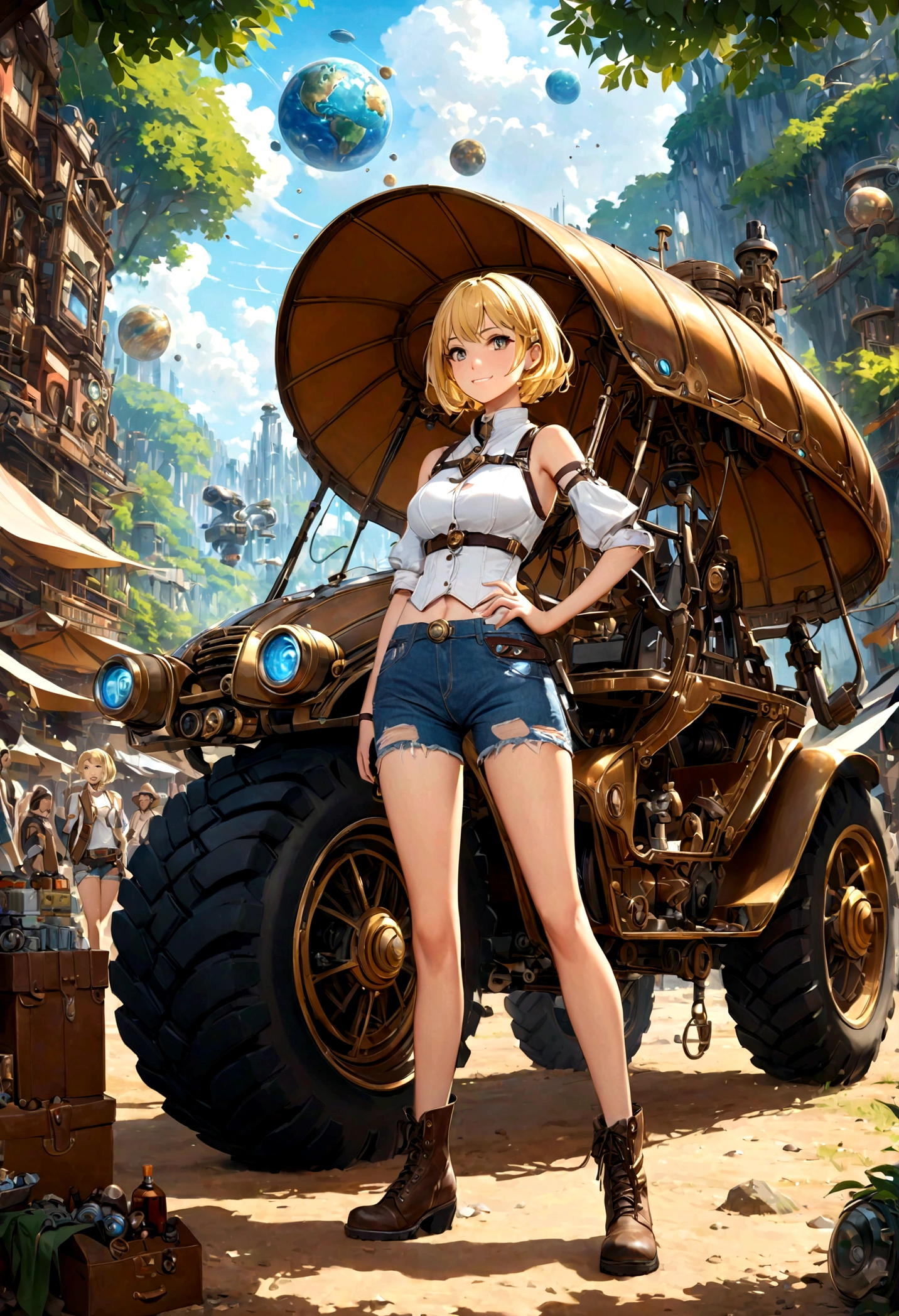 ((((masterpiece)))), High quality, Very_High_solve, Large target_File size, Rich colors, Steampunk featuring a futuristic planet,, In the distant forest, A bustling exotic market, and a dirt bike. The protagonist is an amazing upper body girl 1 person blonde short bob silver smile, Mechanized weapons. Wearing a white vest, Ripped denim shorts, Engineering boots, Ride a buggy. beauty,