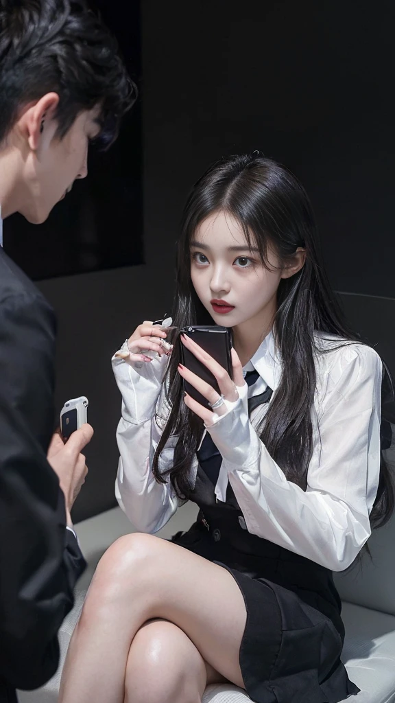  (high quality), (NSFW:1.2), (school _uniform :1.2), (split screen:1.3), (A delinquent:1.3),(girl's pantyhose:1.1), (glamorous and mature high school girl and a Korean adult man enjoying a smartphone chat app :1.4), (Her smartphone display shows a number of Korean adult men chatting to a high school girl.:1.4), (Their chat language is English:1.6), (Men are waiting for her response:1.5), popup window, (And the man is requesting a chat with her on the smartphone screen:1.5). (Chat takes place alternately between women and boys:1.4), (each other places),