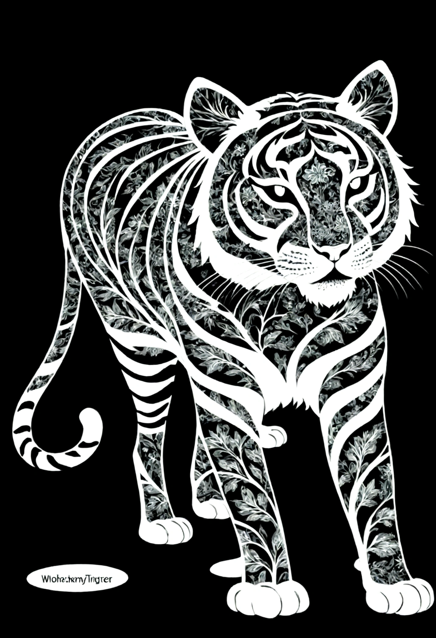 A white silhouette design of a moving tiger,Black Background,Beautiful silhouette,looking at the camera,Biologically correct