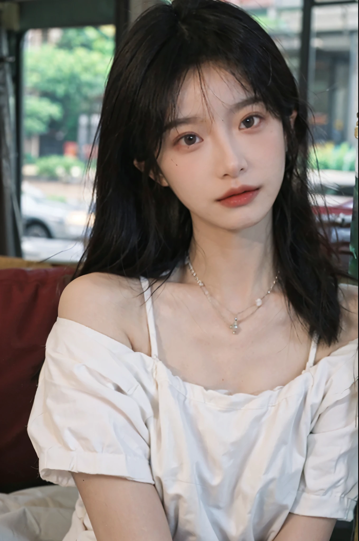 Film portrait photography, 1 girl,  shoulders,lipstick，（flat ：1.4）， Shoulder length wavy hair, wear necklace，headband，earrings，short sleeves，serene, calm, (Realistic and detailed eyes, natural skin texture, Realistic facial details), Soft dramatic lighting, depth of field, Bokeh, Vibrant details, Detailed and detailed, surreal, 35mm film, hazy, ,