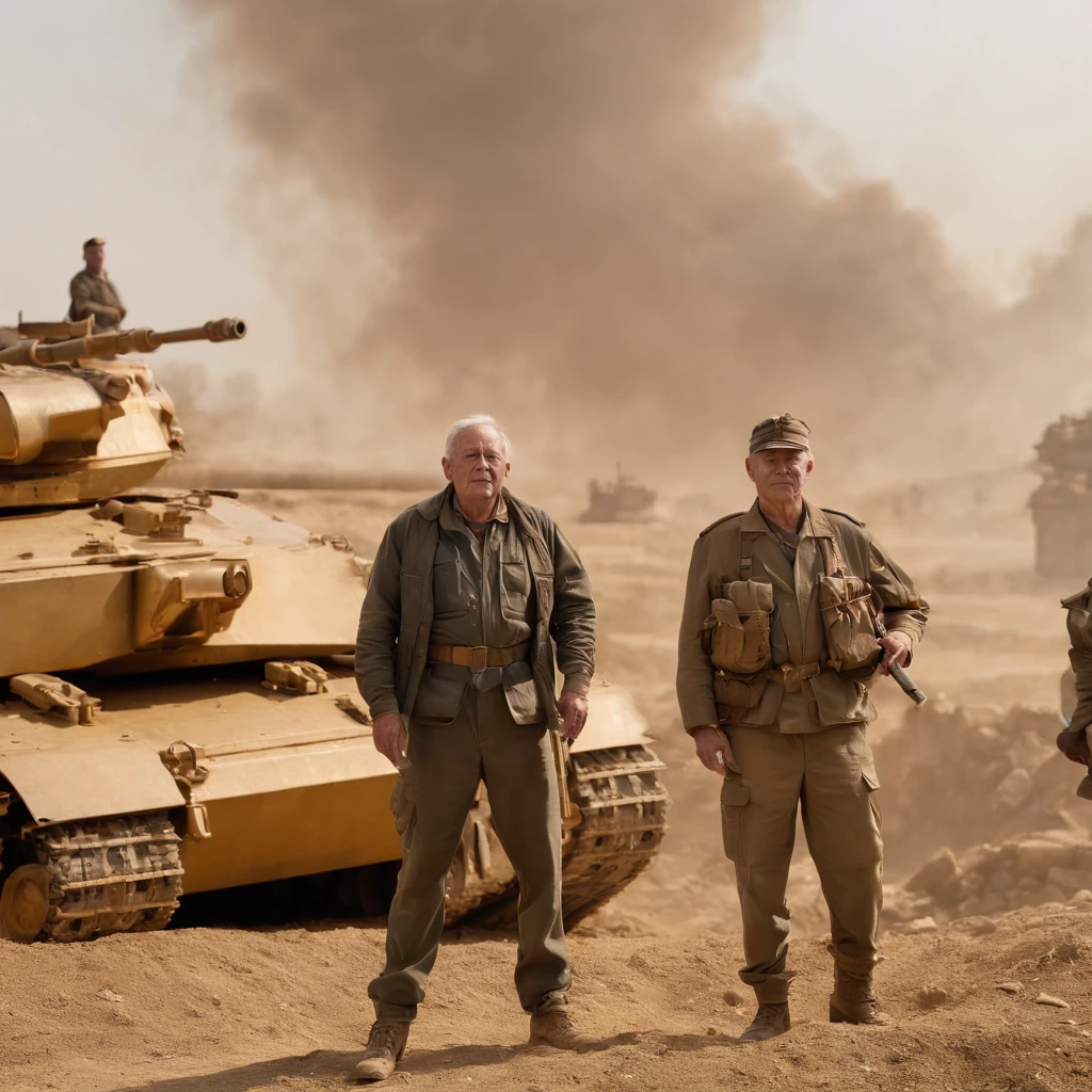 Two men in their 70s, standing on piles of gold and weapons, tanks and soldiers in the background, smog.
