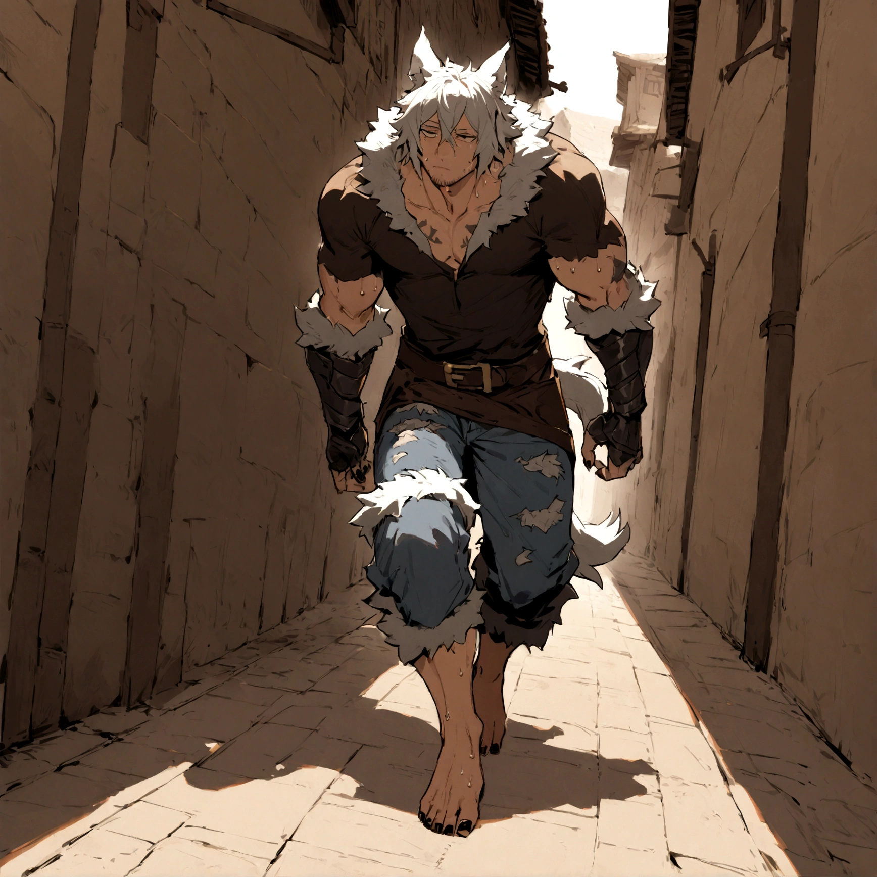 a grizzled male, wearing tattered denim jeans, has long white hair, has wolf ears, has a wolf tail, covered in sweat, has some wolf tattoos, walking down alleyway, cute looking, perfect, handsome, masterpiece, has short stubble beard, wearing leather gauntlets, barefoot, has fur on forearms, has sharp black nails