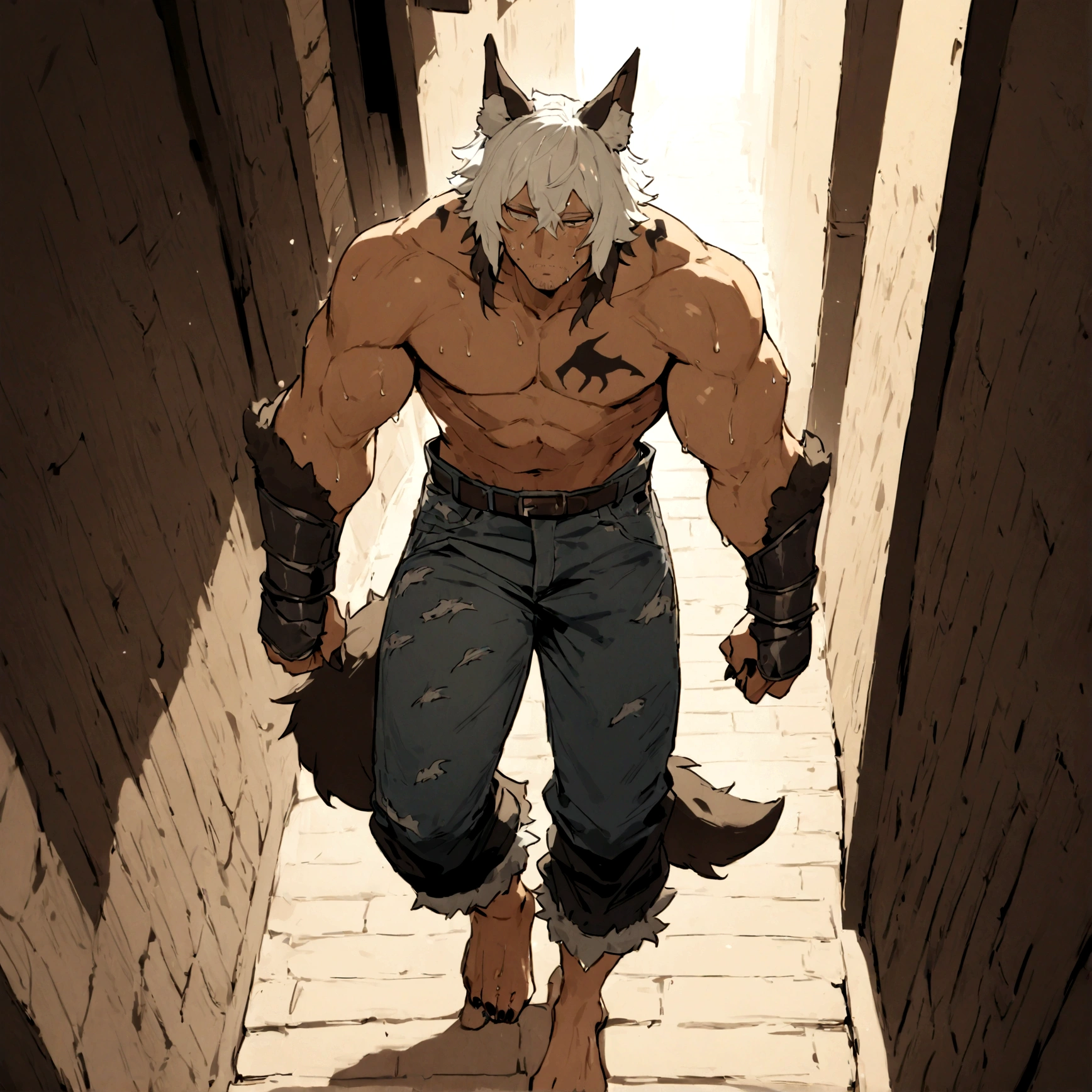 a grizzled male, wearing tattered denim jeans, has long white hair, has wolf ears, has a wolf tail, covered in sweat, has some wolf tattoos, walking down alleyway, cute looking, perfect, handsome, masterpiece, has short stubble beard, wearing leather gauntlets, barefoot, has fur on forearms, has sharp black nails