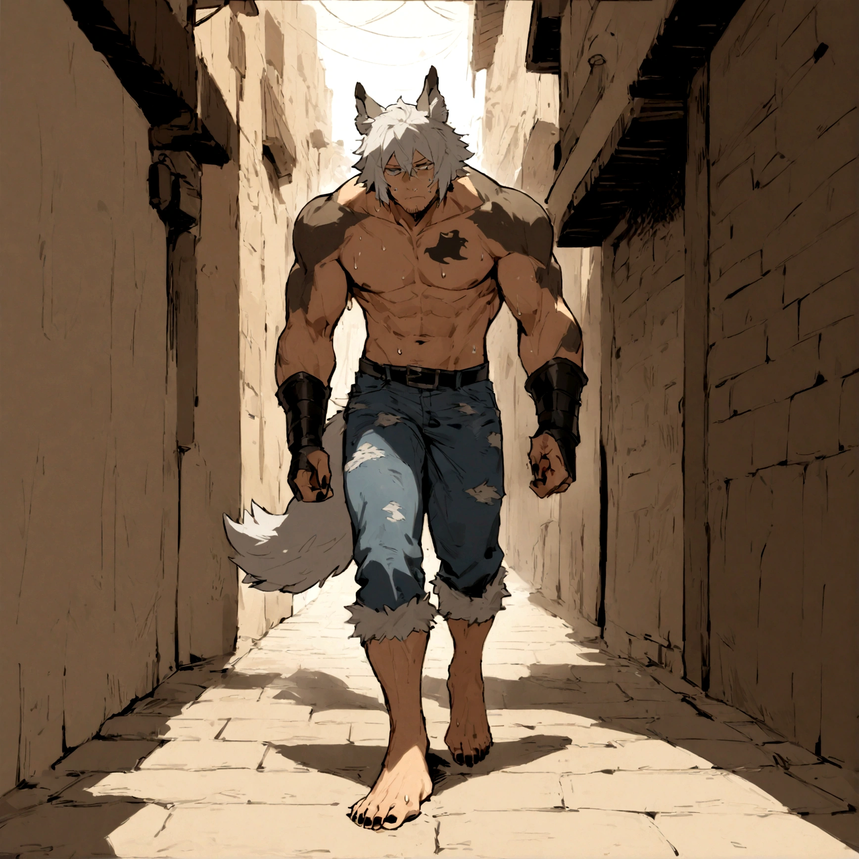 a grizzled male, wearing tattered denim jeans, has long white hair, has wolf ears, has a wolf tail, covered in sweat, has some wolf tattoos, walking down alleyway, cute looking, perfect, handsome, masterpiece, has short stubble beard, wearing leather gauntlets, barefoot, has fur on forearms, has sharp black nails