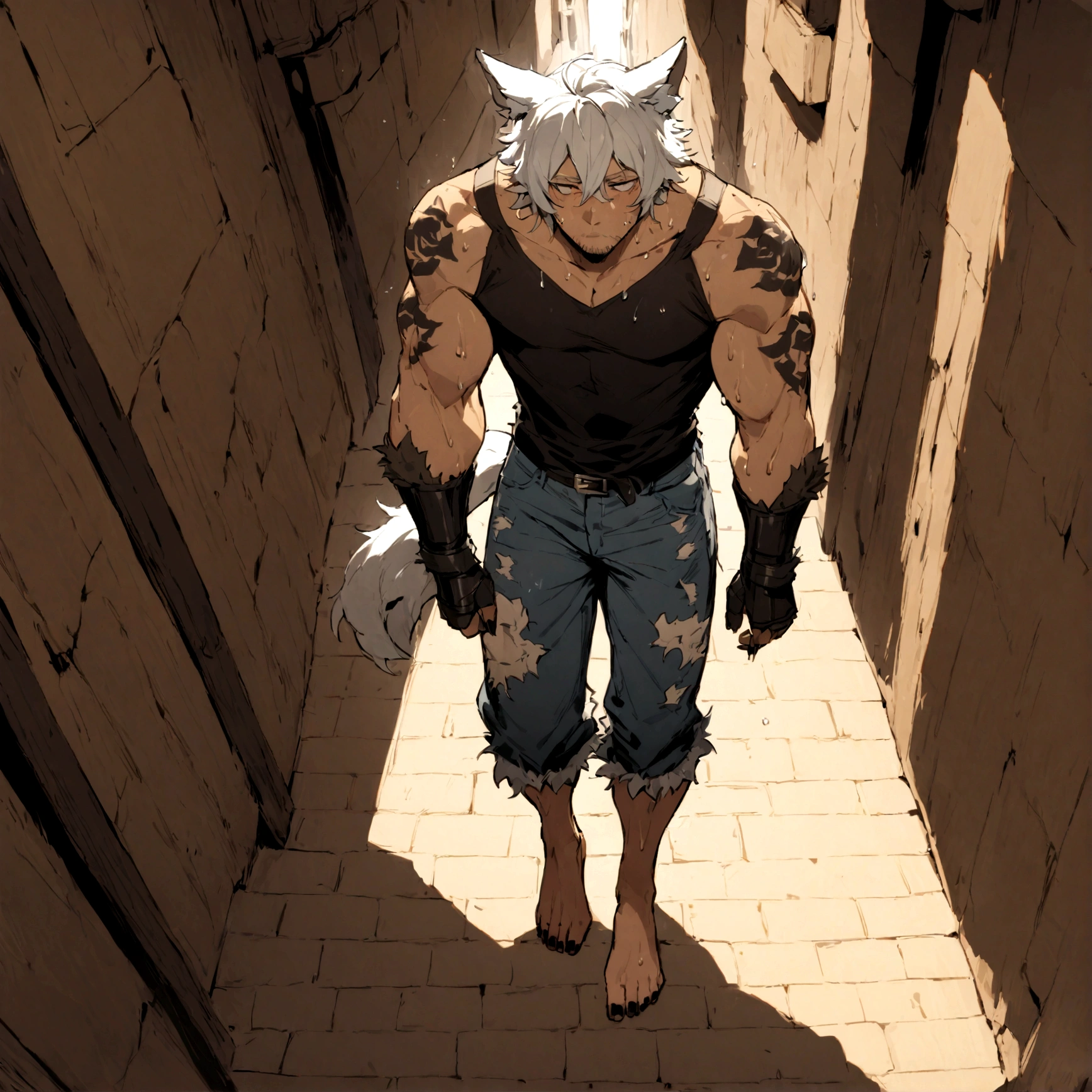 a grizzled male, wearing tattered denim jeans, has long white hair, has wolf ears, has a wolf tail, covered in sweat, has some wolf tattoos, walking down alleyway, cute looking, perfect, handsome, masterpiece, has short stubble beard, wearing leather gauntlets, barefoot, has fur on forearms, has sharp black nails