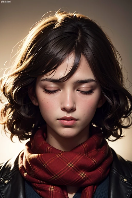 portrait of feminine age boy, closed eyes, curly hair, wearing tartan scarf, soft lighting, by greg rutkowski, yoji shinkawa, ilya kuvshinov, highly detailed, artstation, concept art