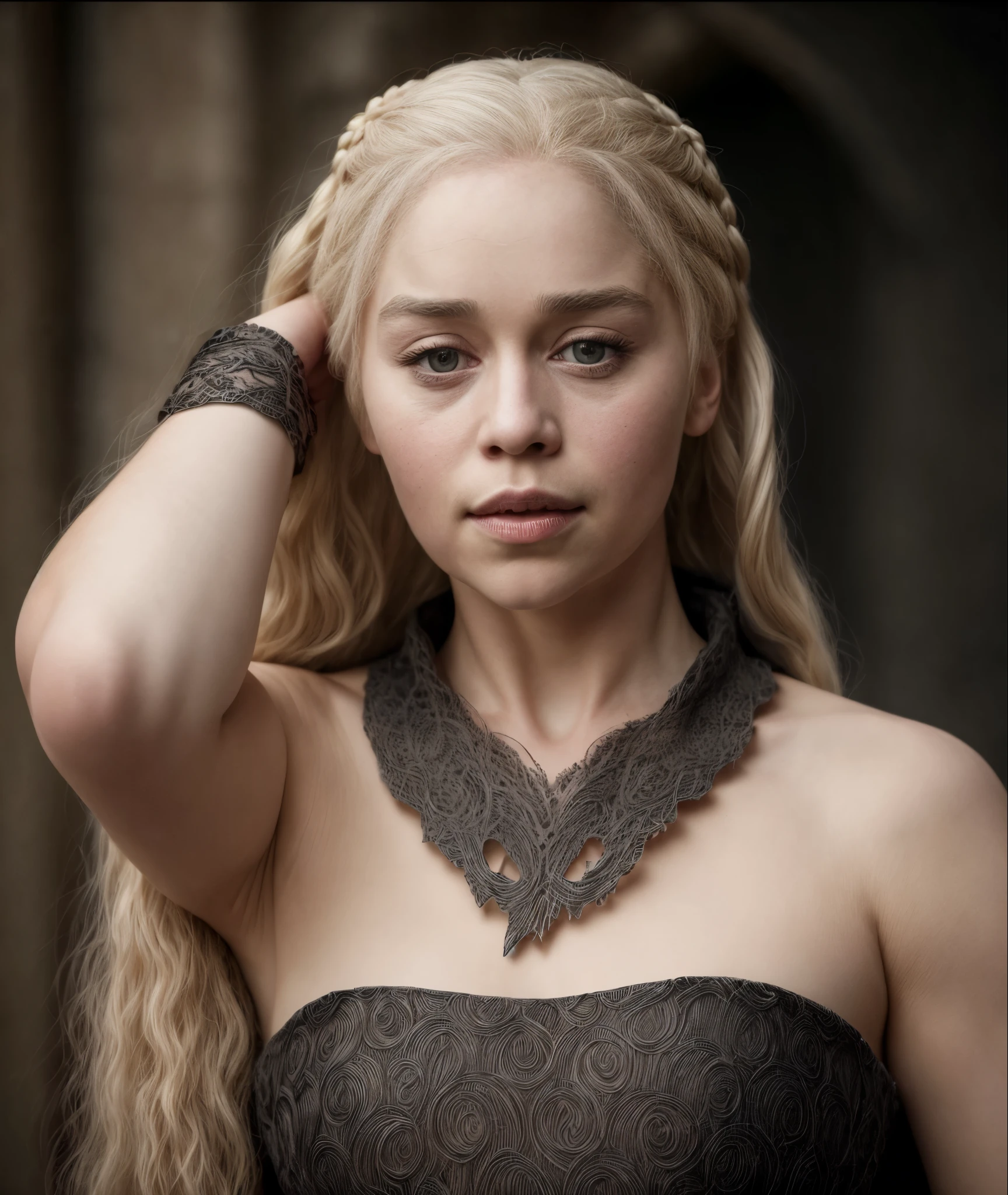 masterpiece, stunning portrait photo of khls woman, sleeveless, erotic costumes, sensual satin dress, game of thrones inspired costumes,