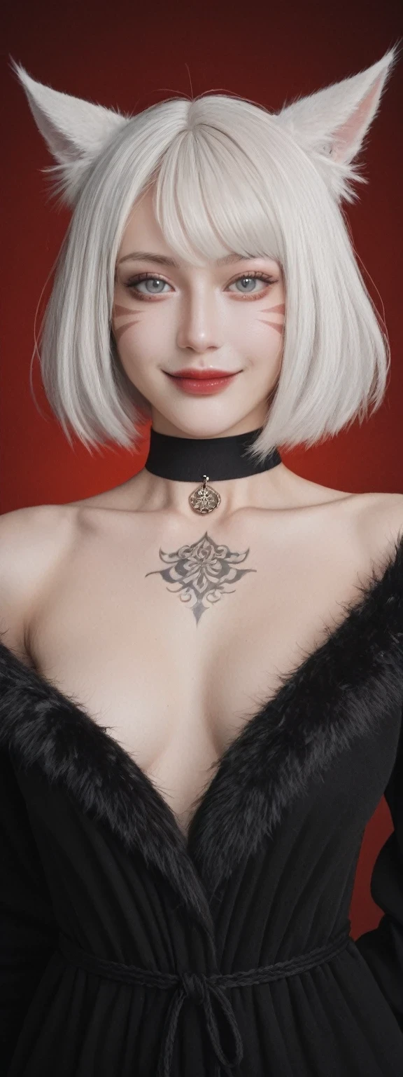 score_9, score_8_up, score_7_up, BREAK,
 source_explicit,relaxed pose,realistic,y'shtola rhu,final fantasy xiv,snatched waist,
feather hair ornament,fur trim,choker,feathers,jewelry,neck tattoo,black robe,randomboobguy,from below,light smile,
1girl,(y'shtola rhul:1.2),looking at viewer,white hair,cat ears,short hair,miqo'te,grey eyes,cat tail,realistic,high quality,