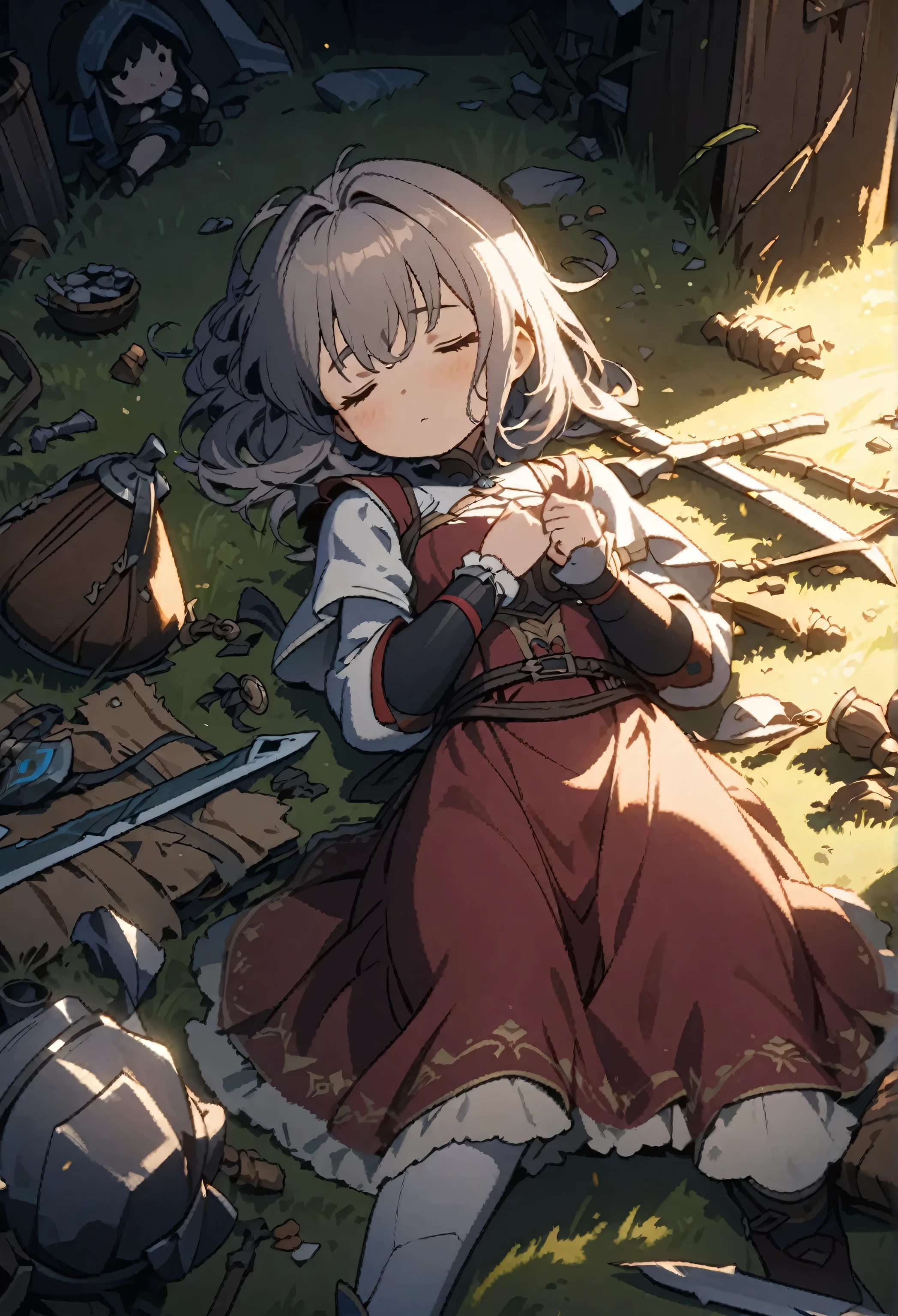 Anime girl lying on the ground,Holding a bunch of weapons in his hands, Ayaka Genshin Impact, guweiz, Official Art, Official Artwork, Cute girl anime visual, Detailed key animation art, Ink art anime , , Artwork in the style of Guweiz, Alchemy Girl, Clean and detailed anime art, fleet collection style