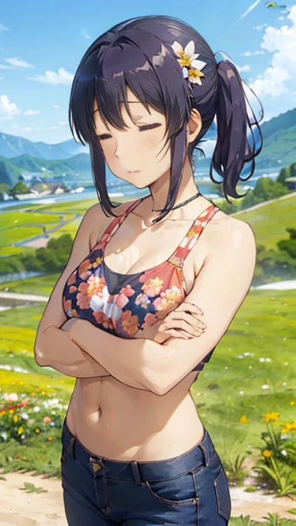 Miyauchi Kazuho,
One Woman,
Small flower-shaped(hair ornaments),Golden Necklace,
Natural skin texture,Tilt your head(25℃),若干大きいBig Breasts,Narrow waist,
Black halter neck ((Upper Body:Floral)),Black Jeans Pants ((Lower Body)),
Outdoor,countryside,fields,free pose,Sexy pose,Spread your arms,
Big Breasts,valley,(Close your eyes),expression(Straight face),Muscular and healthy body,from the front,Beautiful clavicle,
Beautiful image quality,Delicate shades,4K,Very detailed,Delicate light adjustment,