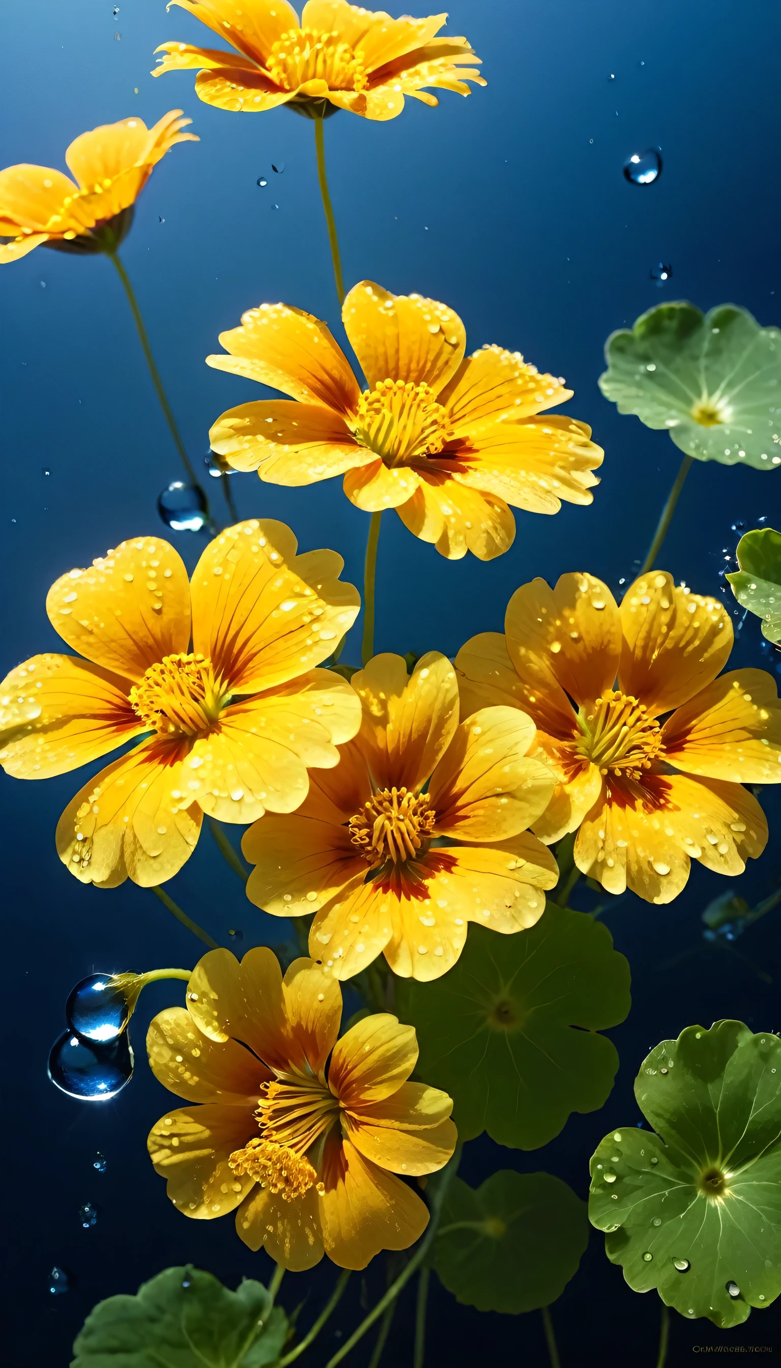 (Titanium Nasturtium）, Each metallic daisy flower has cascading petals，they are dark blue，Like the night sky and the deep sea，Attractive gold and blue shine，Black and gold inlaid ruffles，The edges of the petals are brushed metal, (The large dewdrops on the edge of the petals are about to fall)，Rich metallic texture，Transparent dew，Nasturtium,Golden sunflower， Flowers and gold, Gorgeous flowers,intricate flowers, Messy golden leaf flowers, 16K,Rococo elements, Capturing light and shadows，Gives people a kind of beauty of both hardness and softness , background：Partial underwater reflection