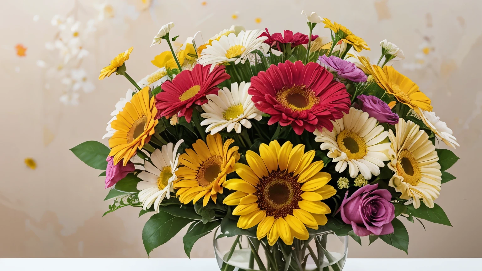 A vibrant bouquet of mixed flowers against a light pastel background. The arrangement includes a prominent red gerbera daisy, a bright yellow sunflower, a soft pink rose, a white rose, an orange rose, and small clusters of lavender and white flowers. The leaves are a rich green, adding contrast to the colorful blooms.