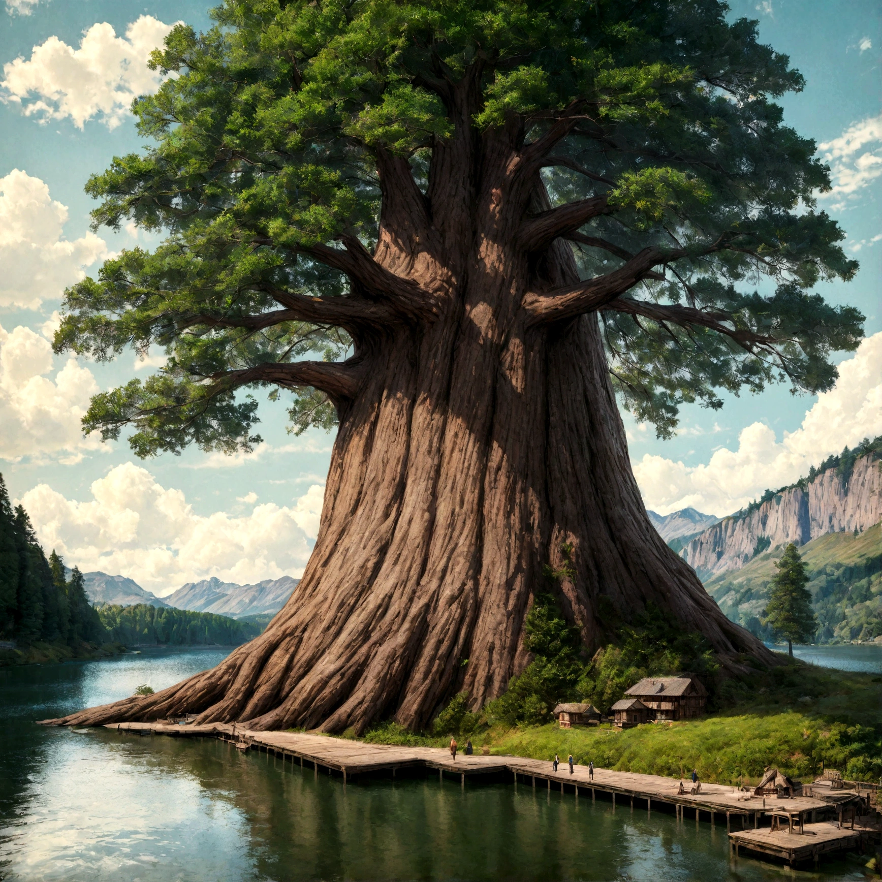 Realistic, masterpiece, 最high quality, high quality, 8k, detailed, Sleep, City on the Tree, Tree on the lake, Big tree, A wonderful city like Harry Potter.