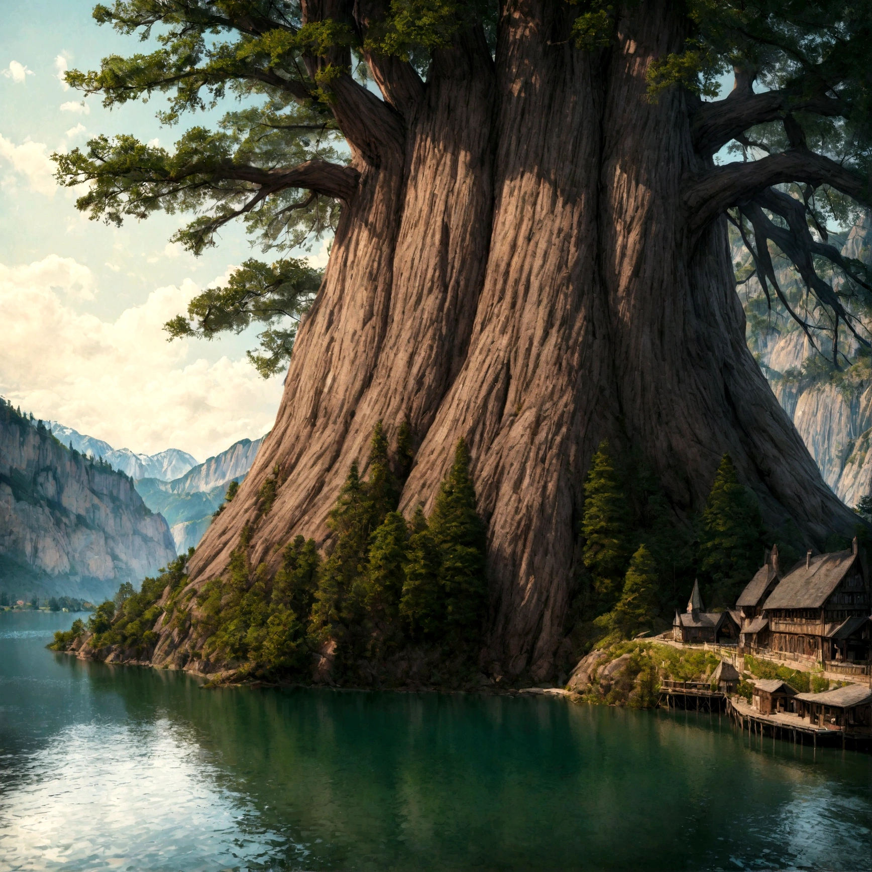 Realistic, masterpiece, 最high quality, high quality, 8k, detailed, Sleep, City on the Tree, Tree on the lake, Big tree, A wonderful city like Harry Potter.