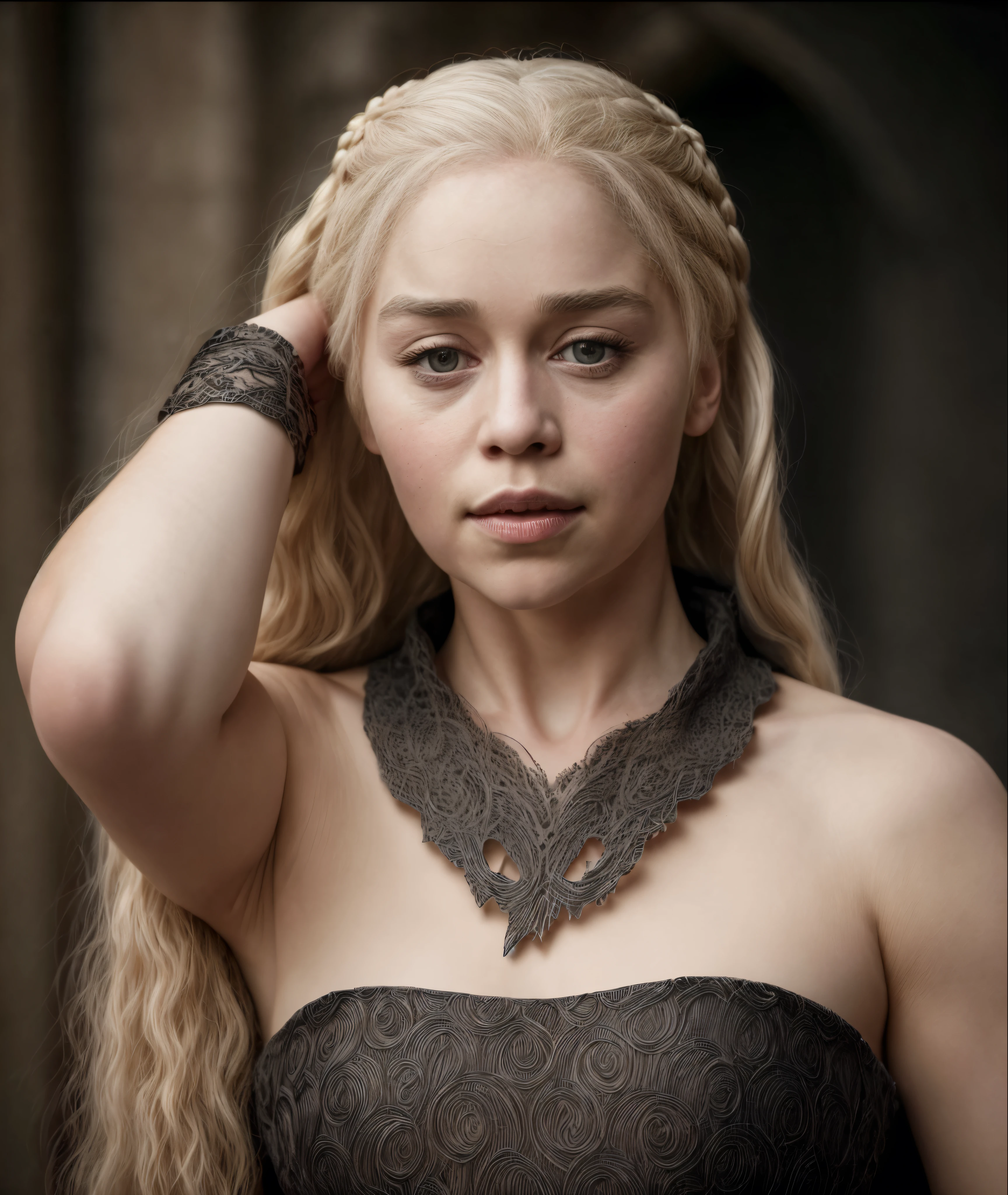 masterpiece, stunning portrait photo of khls woman, sleeveless, erotic costumes, sensual satin dress, game of thrones inspired costumes,