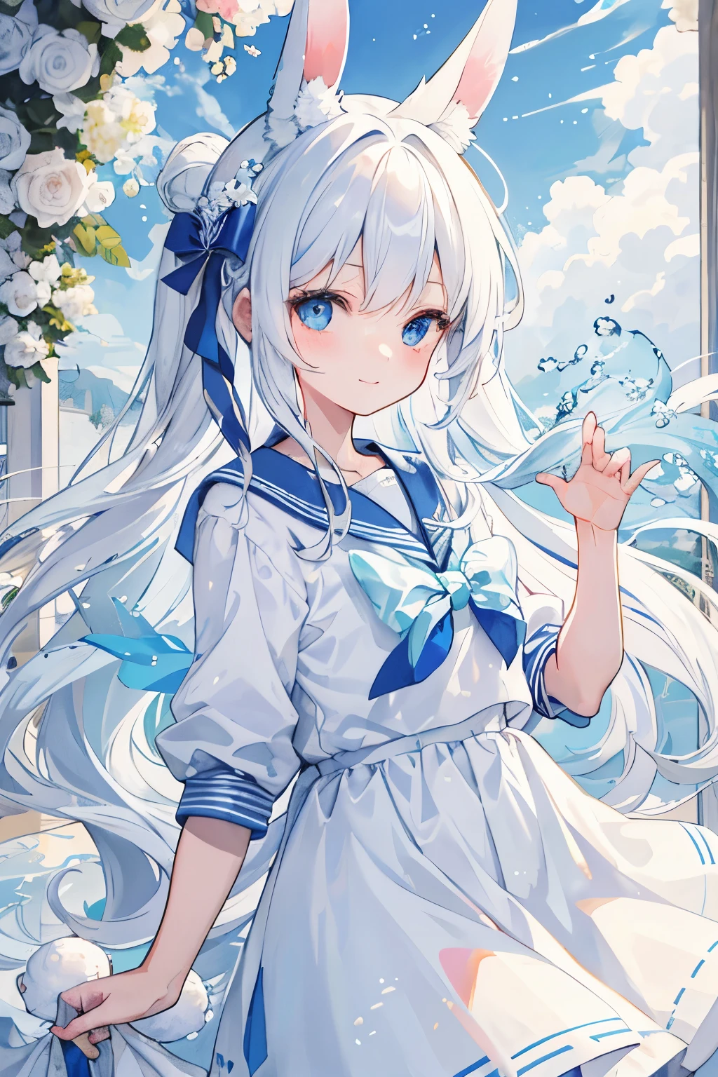 ((Masterpiece)), hand-drawn in ultra-detailed precision, showcases a solitary cute girl adorned in a charming sailor suit. Her beautiful long hair, cascading like translucent waves, complements her unique rabbit ears. Her lovely face, framed by beautiful white hair, is accentuated by beautiful light blue eyes that sparkle with a captivating smile. A soft soap bubble effect adorns the cloudy sky above, adding a whimsical touch to the scene. This enchanting illustration, capturing the best quality, will surely delight and mesmerize viewers.