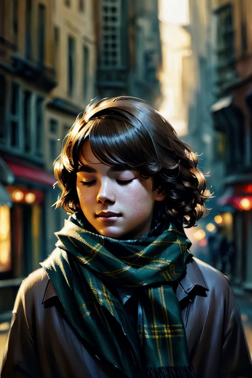 portrait of feminine teenage boy, closed eyes, curly hair, wearing tartan scarf, soft lighting, by greg rutkowski, yoji shinkawa, ilya kuvshinov, highly detailed, artstation, concept art, DIG2_JBX