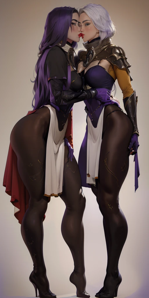 (Female hands on hips)(chest covered)(smile) purple skin, pale golden hair and violet eyes. She prefer clothing of white and silver with cloaks of deep blue or purple ((very precise detailed)) ((high res) plain background, red gloves gauntlets full body standing straight symmetrical looking to viewer, she kiss her twin sister bbc kiss 💋 😘 